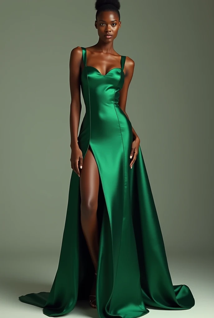 A full-body image of a Black woman exuding an angelic essence, posed elegantly against a gray background. She is dressed in a luxurious mint green silk gown with a flowing A-line silhouette and a subtle shimmer. The gown's silk charmeuse fabric drapes gracefully, adding a touch of refinement. Her curly hair is styled in a soft updo with pearl pins, creating a celestial crown-like effect. Her skin radiates a golden glow, enhancing her divine appearance. She wears mint green Ballet Flats. Her jewelry includes a raw pearl necklace and delicate crystal-studded earrings, adding a sense of ethereal elegance and timeless beauty to her look.