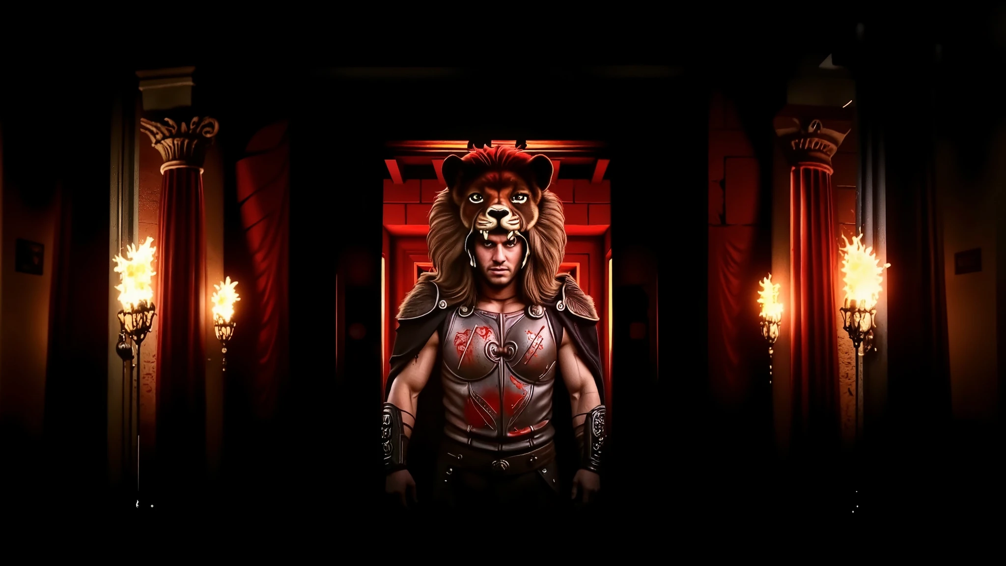 Hercules wearing his lion armor. His helmet is the head of a lion. The scene is realistic with a wide frame. His armor is dirty with dust and blood, and his cape is dusty. blood, dust, greece, action, walking.
