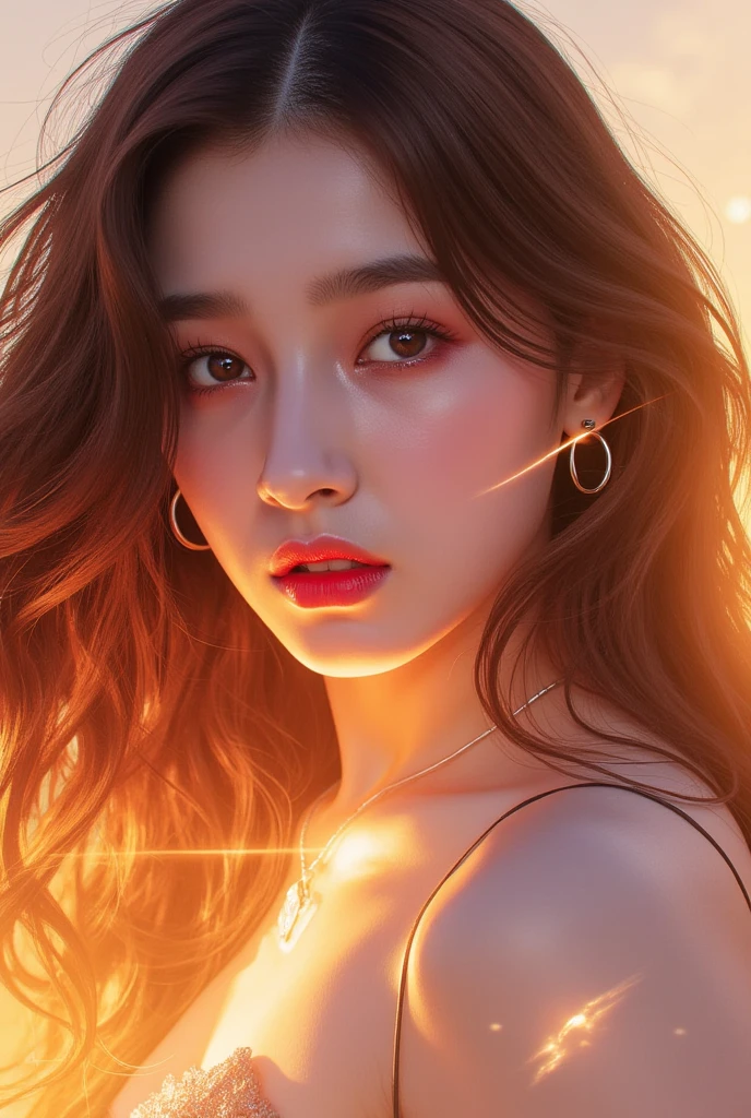 a close up of a woman with wet hair and a gold top, sultry expression, inspired by Yanjun Cheng, 8k artgerm bokeh, realistic artstyle, artwork in the style of guweiz, trending on cgstation, photorealistic artstyle, artgerm ; 3d unreal engine, glossy digital painting, with glowing red eyes
