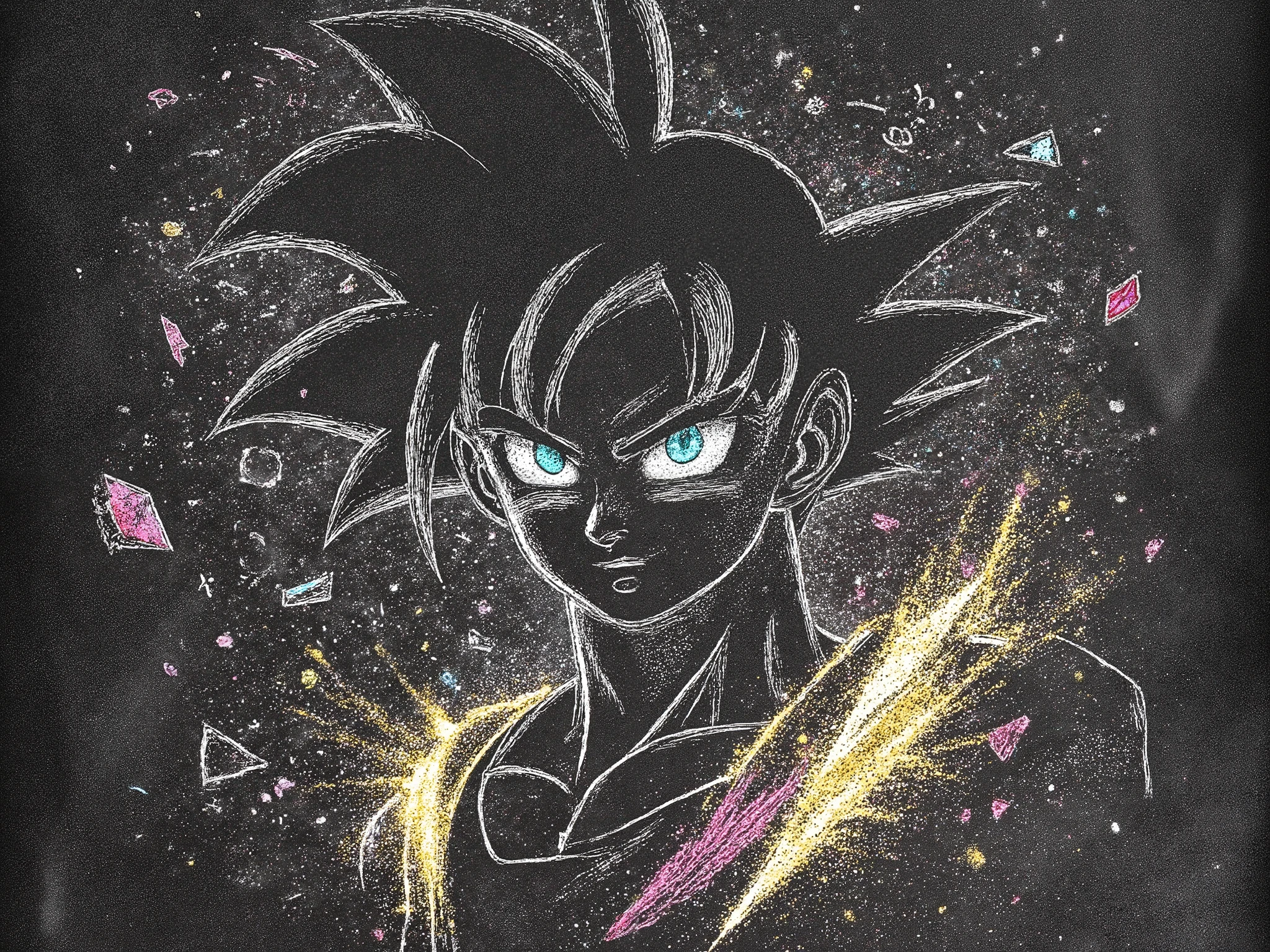 Chalk art style, rough sketch lines, smudged edges,A dynamic portrait of Goku from Dragon Ball Z, with spiky black hair and intense determined gaze, drawn in white chalk doodles on a textured blackboard. His Super Saiyan aura glows with yellow chalk strokes, surrounded by floating debris sketched in smudged pastel colors. The composition emphasizes dramatic shadows and energetic lines, blending gritty chalkboard texture with vibrant anime-style details.Retro classroom atmosphere with erased chalk marks,Anime-meets-street graffiti, high contrast lighting,Fierce expression, glowing cyan eyes with red pupils,Flying hair strands sketched with motion lines, golden energy sparks,Faint chalk equations and dragon ball symbols in the background,bw_pixel_anime,anatomica-chalk