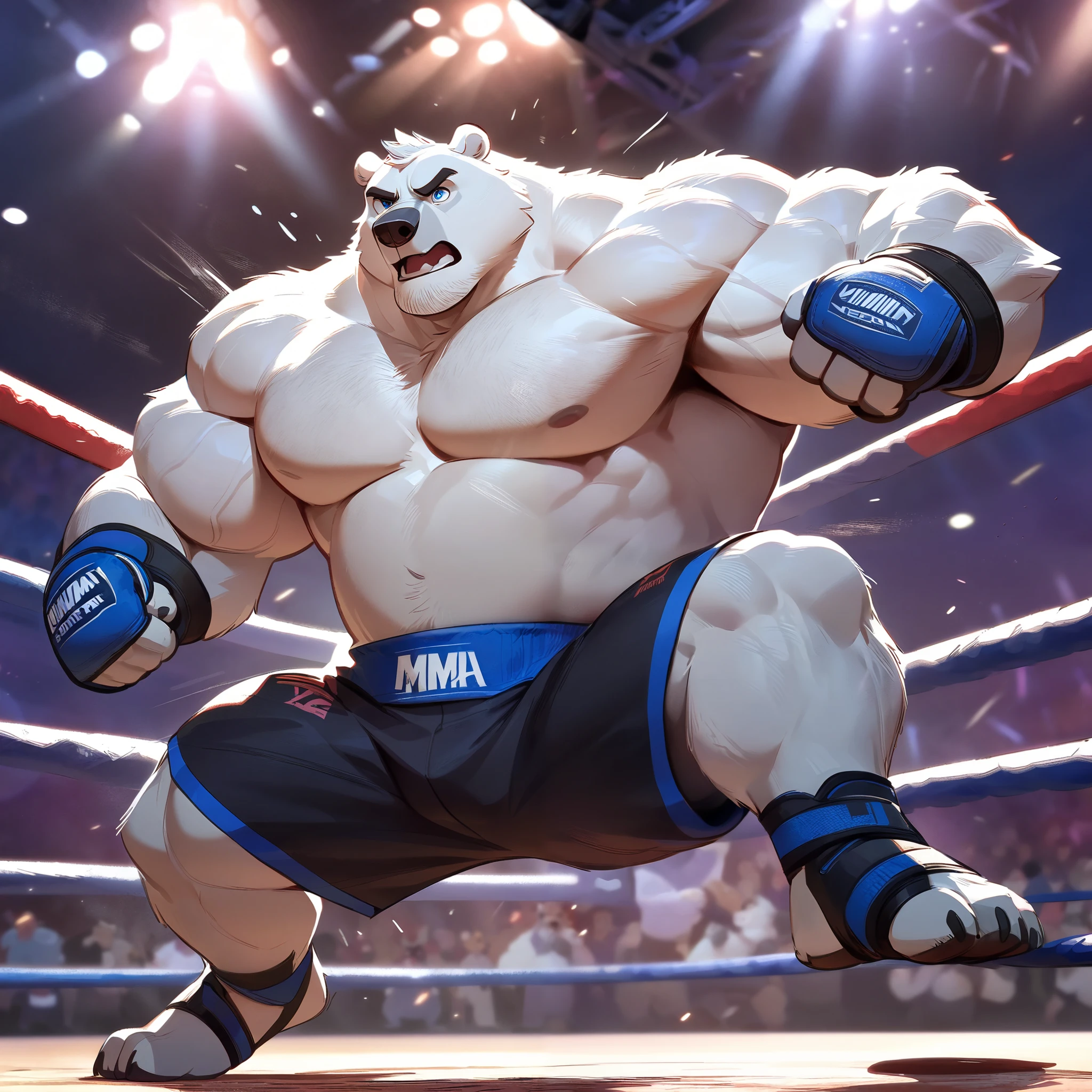 huge muscular polar bear in fighting arena, big hulking fight, grunting noise, polar bear, huge white fur, thick arm, huge arm, added thick colored gray mustache, added thick colored grey beard. Short white hair, (veiny muscular, pectoral, wide pectoral, thick arms), fighting ring, lights, Walt Disney 2D Zootopia Animation Art Style, gray eyebrows added, detailed eyes with blue pupils, (wearing black MMA shorts with blue stripes, MMA gloves with blue knuckle pads, shirtless, topless, half naked and ankle support brace), punching and kicking
