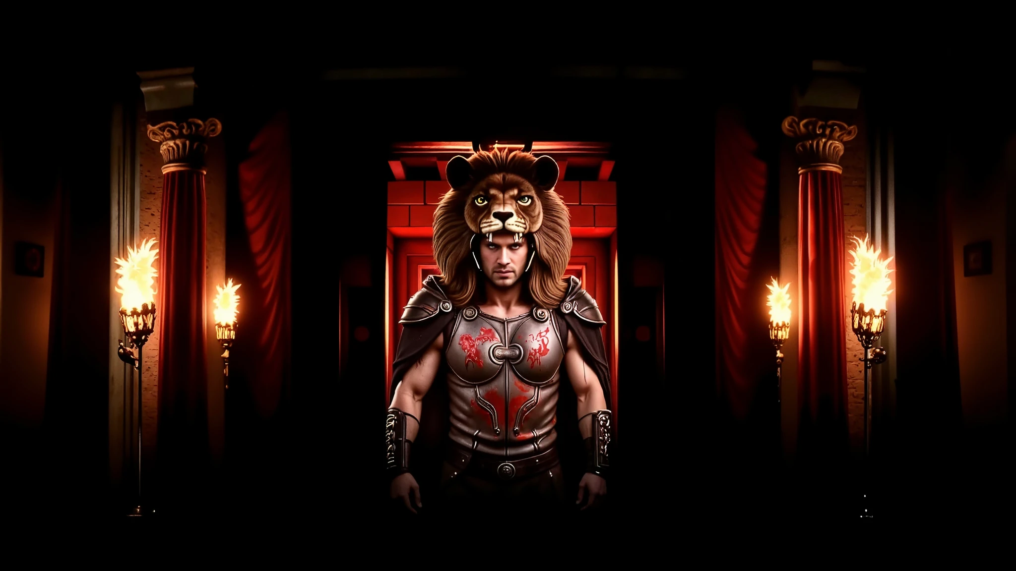Hercules wearing his lion armor. His helmet is the head of a lion. The scene is realistic with a wide frame. His armor is dirty with dust and blood, and his cape is dusty. blood, dust, greece, action, walking.