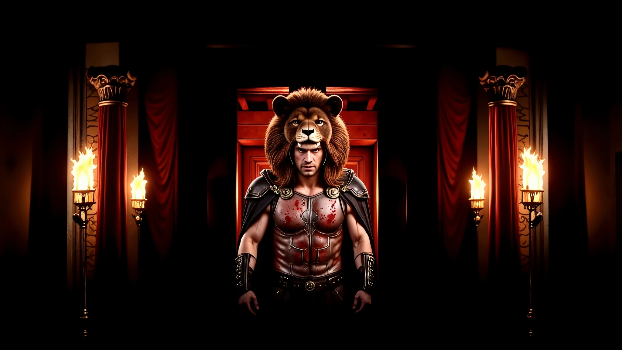 Hercules wearing his lion armor. His helmet is the head of a lion. The scene is realistic with a wide frame. His armor is dirty with dust and blood, and his cape is dusty. blood, dust, greece, action, walking.
