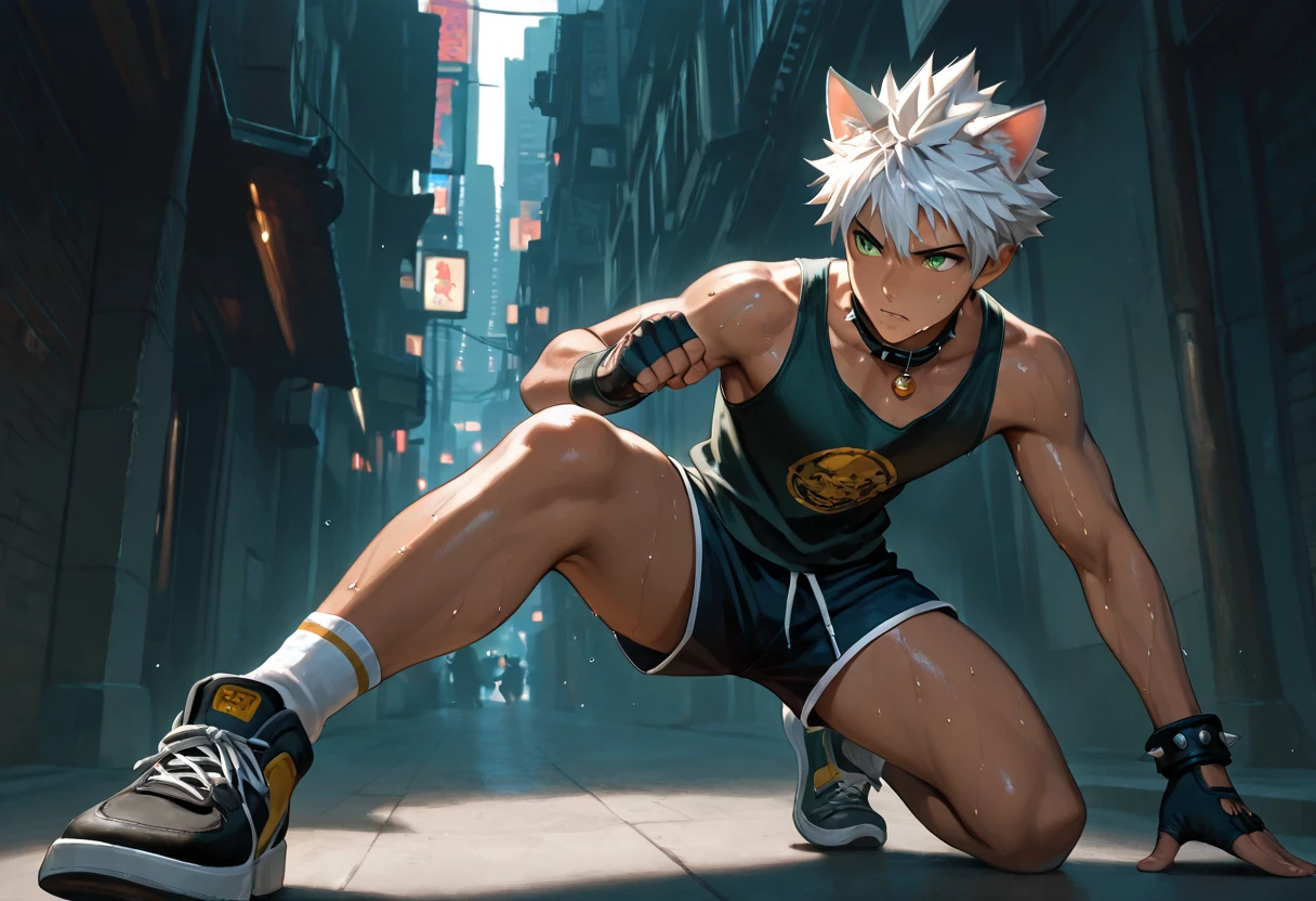 1boy, young male, brown skin, cat ears, sweat, dolphin shorts, tank top, fingerless grove, shoes, collar, fighting pose, sunshine, short hair, spiked hair, silver hair, green eyes, cinematic lighting, masterpiece, best quality, city square, hong kong