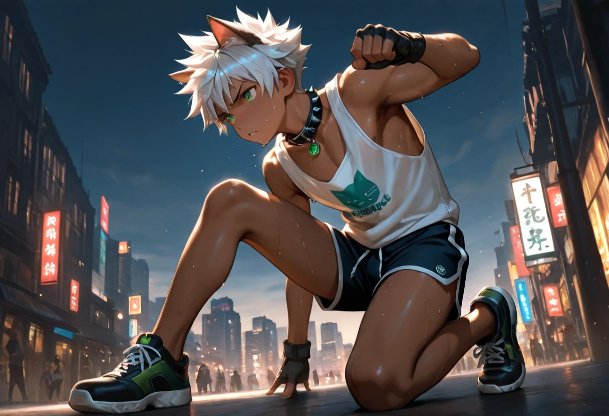 1boy, young male, brown skin, cat ears, sweat, dolphin shorts, tank top, fingerless grove, shoes, collar, fighting pose, sunshine, short hair, spiked hair, silver hair, green eyes, cinematic lighting, masterpiece, best quality, city square, hong kong