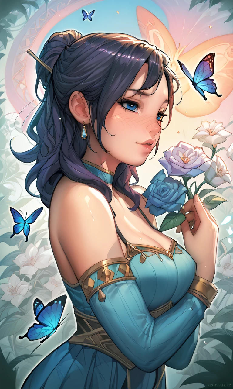 1girl, solo, fully body, (Masterpiece artwork:1.21), (best qualityer:1.2), fullcolor, (illustration:1.2), (cinematic lighthing:1.1), (bared shoulders:1.21), (clavicle:1.21) in this whimsical A beautiful and dreamlike garden, The scene is illuminated by a rainbow (vaga-lumes fullcolors) Dancing in the air. Pastel adorns the garden, creating a hazy and ethereal atmosphere. At the center of the image, is a single girl, an extremely beautiful girl, with charming facial features and an innocent expression. Her long hair fluttered in the wind. She wore a low-cut strapless dress that accentuated her curves.. The lighting is very delicate and beautiful, creating a soft, warm sheen that accentuates the water and makes it glow like a diamond. The best grasses are also lit up to create a lush carpet. The garden is surrounded by fields of colorful flowers with flowers of all colors and shapes. Various colors and sizes (Colorful butterflies) can be seen flying around the scene, adding to the overall sense of wonder and magic. (everyone, judges), a blush can be seen on the bridge of the nose, and the mouth is slightly opened, which increases the overall sense of innocence and youth. Falling petals can be seen waving around her, adding to the overall sense of romance and beauty. The breeze is blowing, the leaves are rustling and the flowers are swaying, increasing dynamism and overall vitality. It's a scene of pure wonder and magic, full of color and beauty, where the viewer can get lost in this charming and captivating world