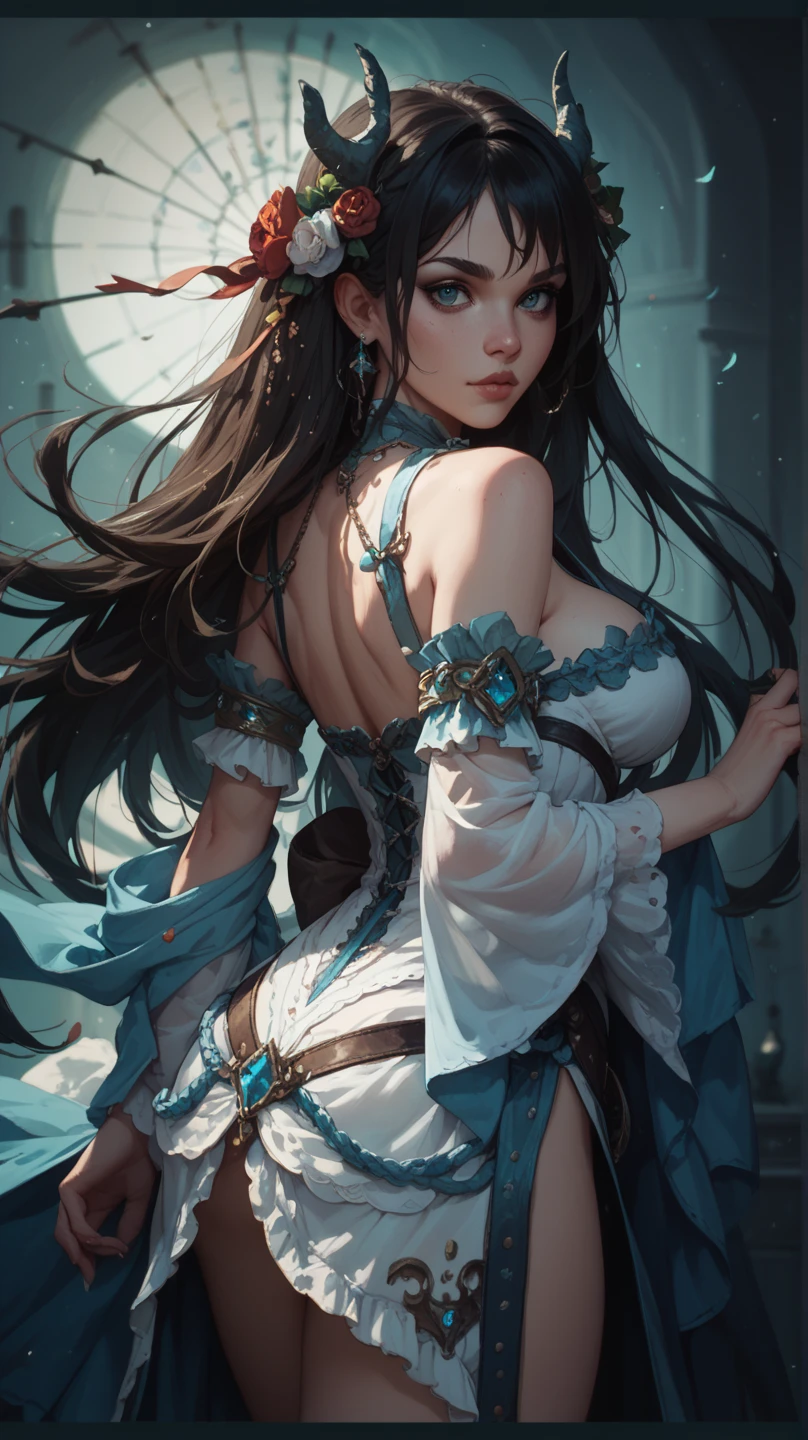 High quality, masterpiece, masterpiece, exquisite facial features, delicate hair, delicate eyes, delicate colored hair, 4K picture quality, gorgeous light and shadow, full_shot,(from_back), Tyndall effect, halo, messy hair, youthful state, gorgeous scenes, exquisite clothes, chains, feathers, ancient Chinese beauty with big eyes very detailed, digital painting, art station, concept art, sharp focus, illustration, art by Greg Rutkowski and Alphonse Mucha and Viktor Ngay