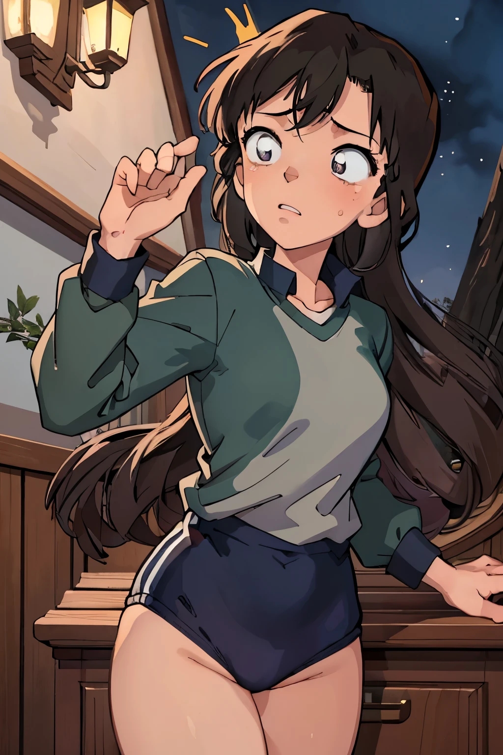 (masterpiece, highest quality), (夜のdark森), One Girl, young , Black gymnastics bloomers, High leg、School Shirt, standing in night forest, Looking up at the forest、Anxious expression, Emotional, Wide-angle, dark, Best Shadow, watercolor,Mouri Ran,While taking off her bloomers,