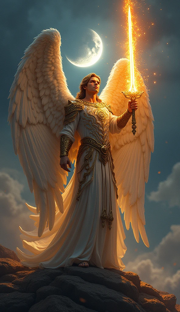 A huge angel with his eyes covered and around his head there are two spinning wheels and around them there are eyes and he has hair made of light and a huge sword of fire in his hands.