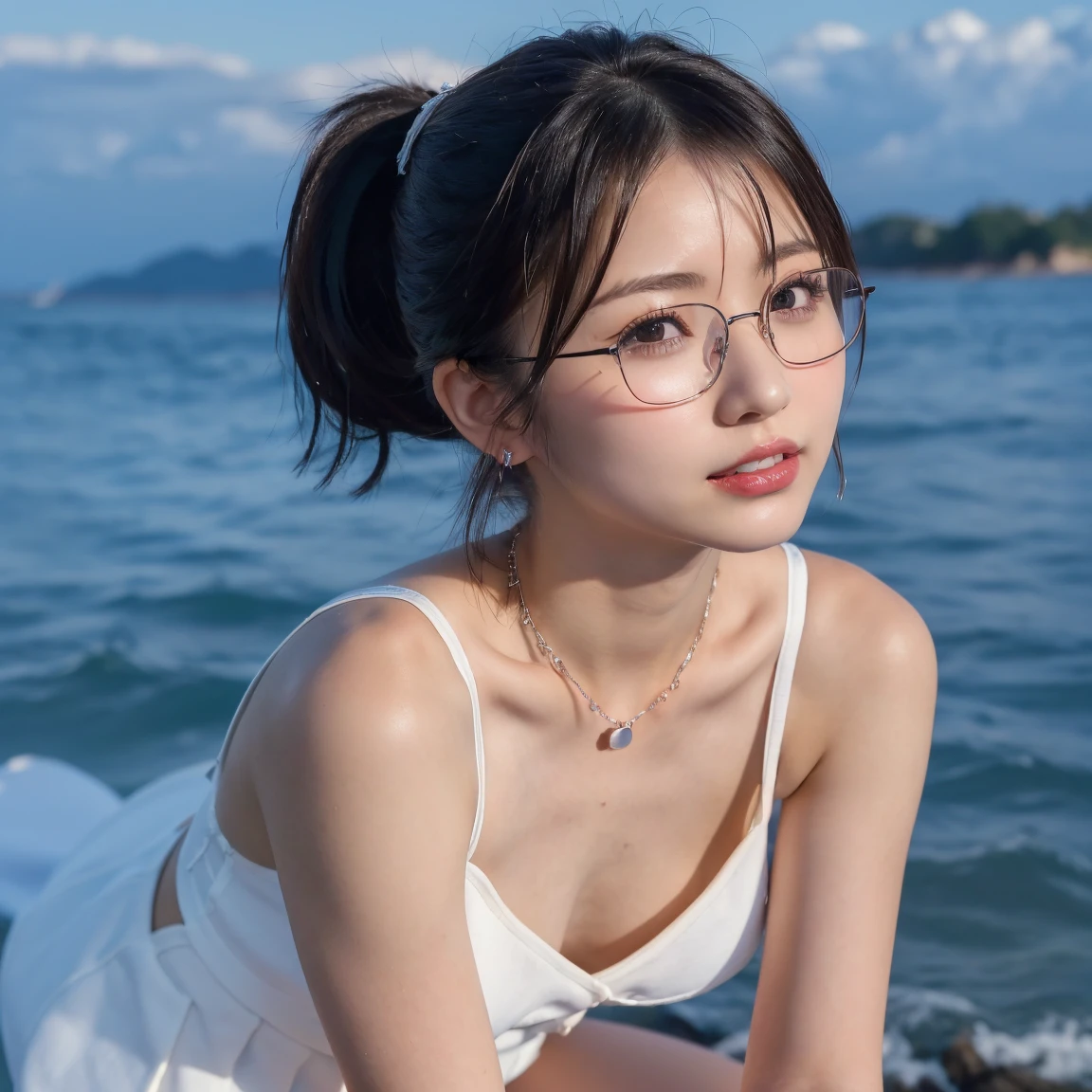 Mastepiece,Best Quality,Ultra HD,extremely,Best Quality,
Bust,(straight-on:1.2),Upper body,
an extremely delicate and beautiful girl with glasses,
(turning to the viewer:1.2),pov,
short-length hair,Messy hair,Small breasts,
vests, Seaside,beach,Sunshine,Detailed background,