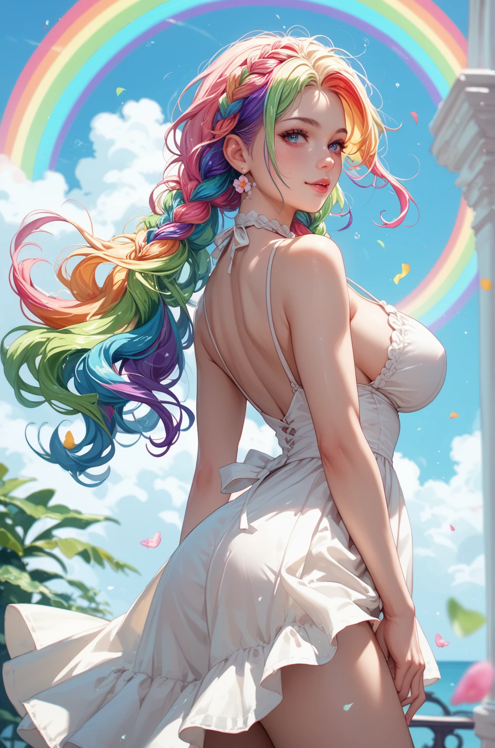 Pastel rainbow hair, soft beauty, pastel rainbow sweater, cute pastel rainbow skirt, pastel rainbow leggings, pastel rainbow shoes high tops, pastel accessories, decora kei, thick thighs, large breasts, cute pose, full body 
