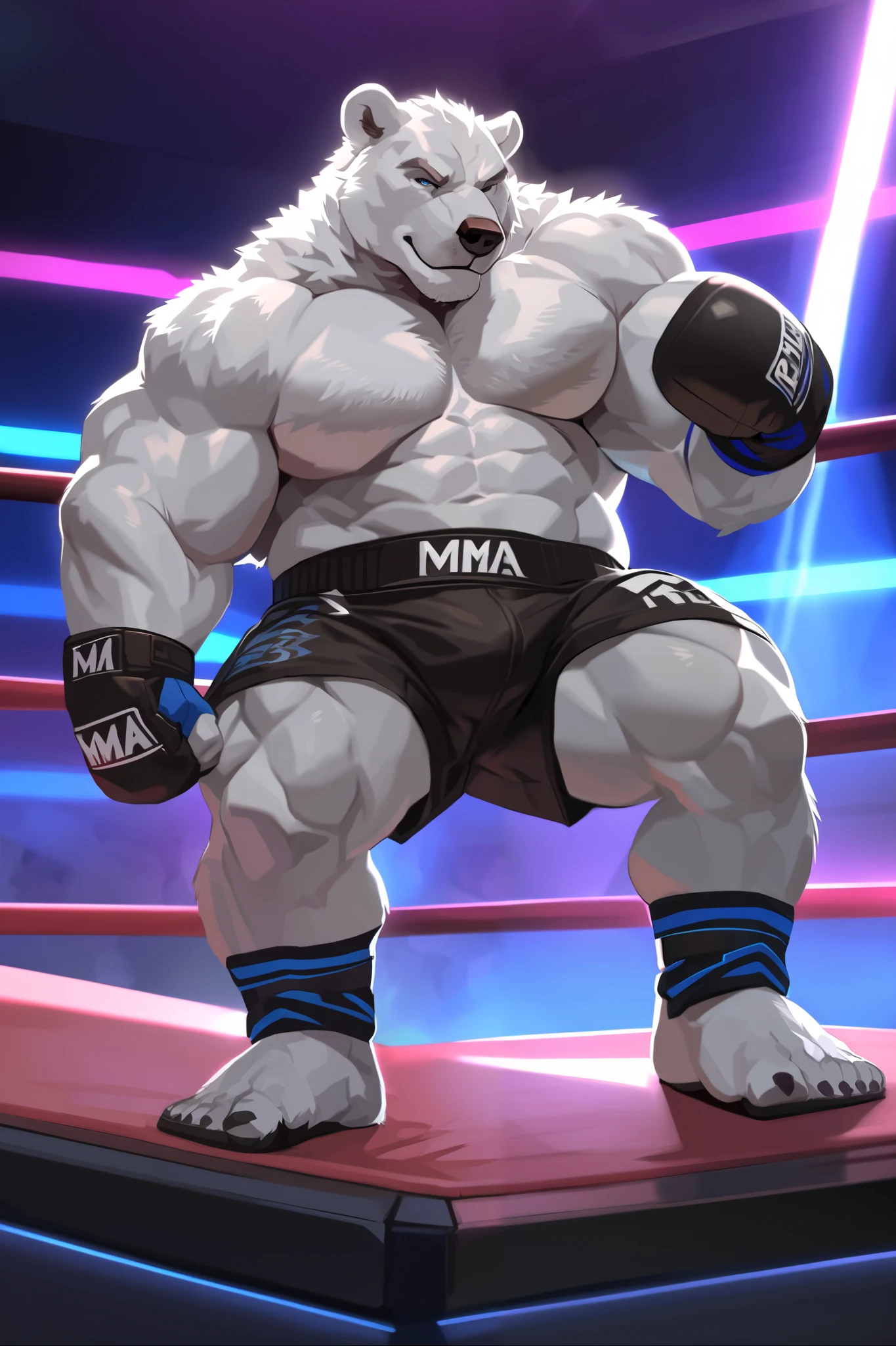 male anthro polar bear, huge muscular chubby, dynamic pose, bust portrait, underwear, solo, white fur, detailed background, bedroom, detailed whote fluffy fur, long fluffy fur, photorealism, fighting ring, hdr, short tail, crowd, purple stage light, blue leather gauntlet