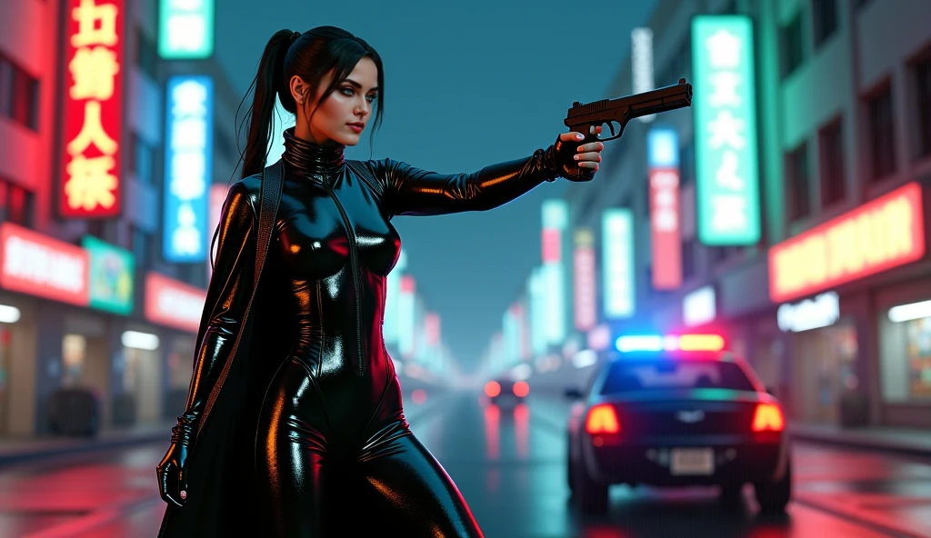(Wide angle view). City Hunter style city, simple outlined neon tall buildings, glowing giant clock tower, helicopter, lightning, 3D rendering Beeple. At night, (1 girl as Kaori in City Hunter, solo, alone), photorealistic, medium-breast slim:0.6 body, oval:0.5 face, cleavage:1.1, sexy costume with deep-v, glove, (Matrix style black micro sunglasses), ((aiming viewer with a short gun)), (running pose), (half-body thigh level close-up shot), cinematic lighting, ray tracing.