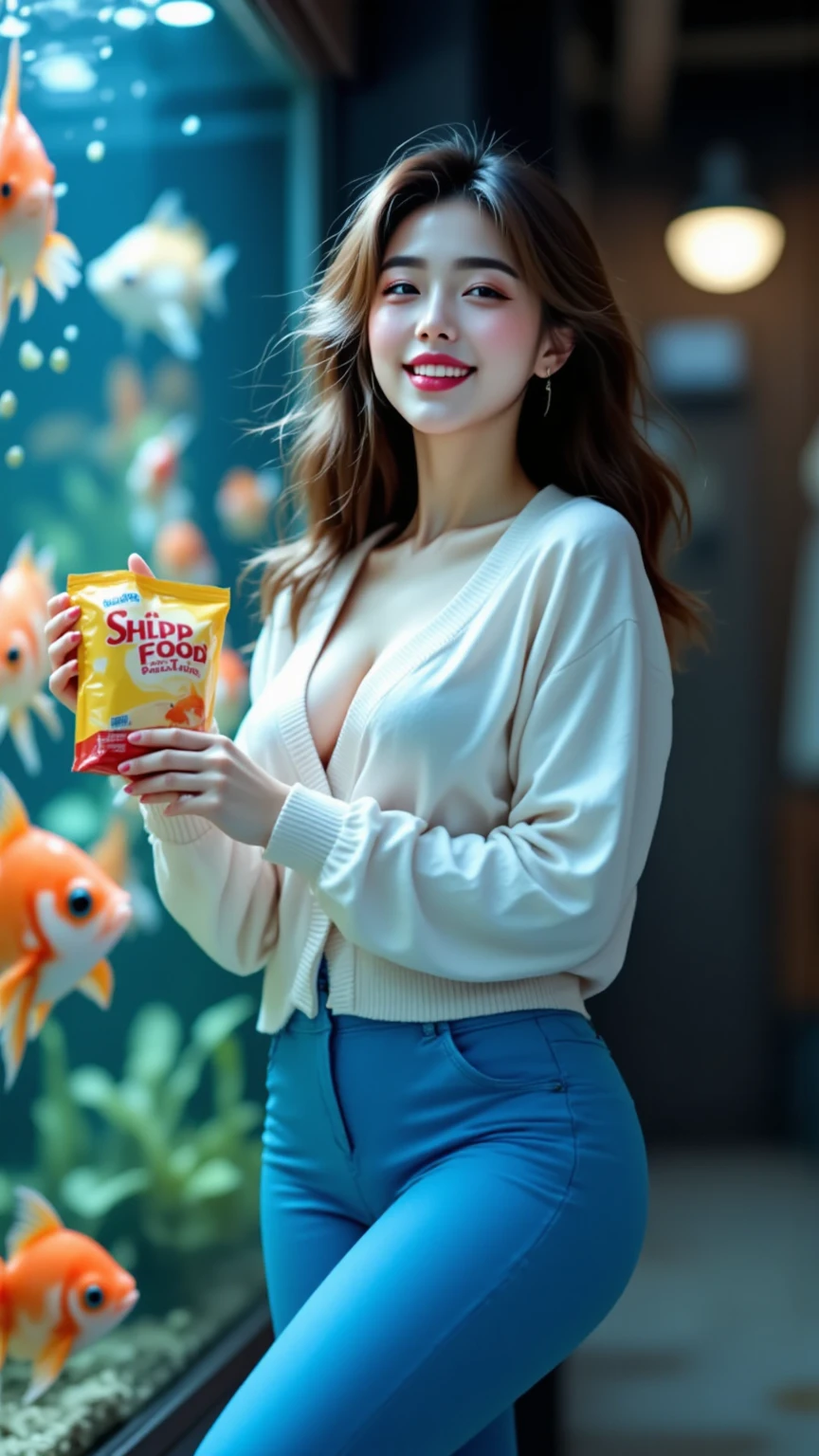 Beautiful Japanese woman, With redhead long hair, In white bikini, Against hot springs, Holds in his hands a wooden sign with the inscription "POP"