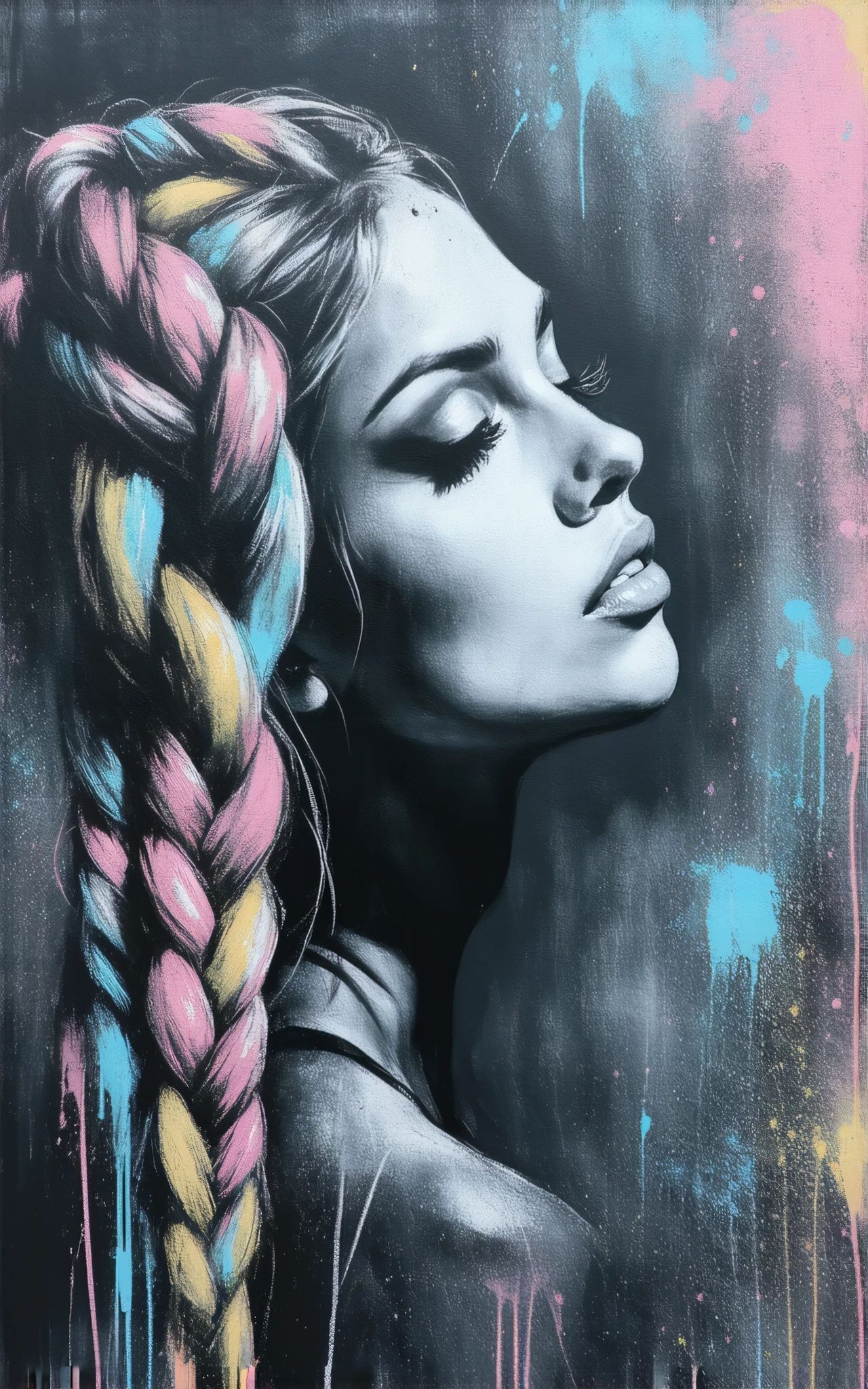 chalkboard art style, graffiti with chalk, ANIMATED ILLUSTRATION WOMAN DRAWN WITH CHALK, multicolor braided pattern, chalk coloring, uneven washing and coloring, rough chalk coloring, BLACKBOARD SURFACE, low quality graffiti, rough sketch,
BREAK Overall Composition Showing Art Drawn on Blackboard, Artistic Prank, amazing art on the black bord,
BREAK She tries to escape from the blackboard into an outside space,