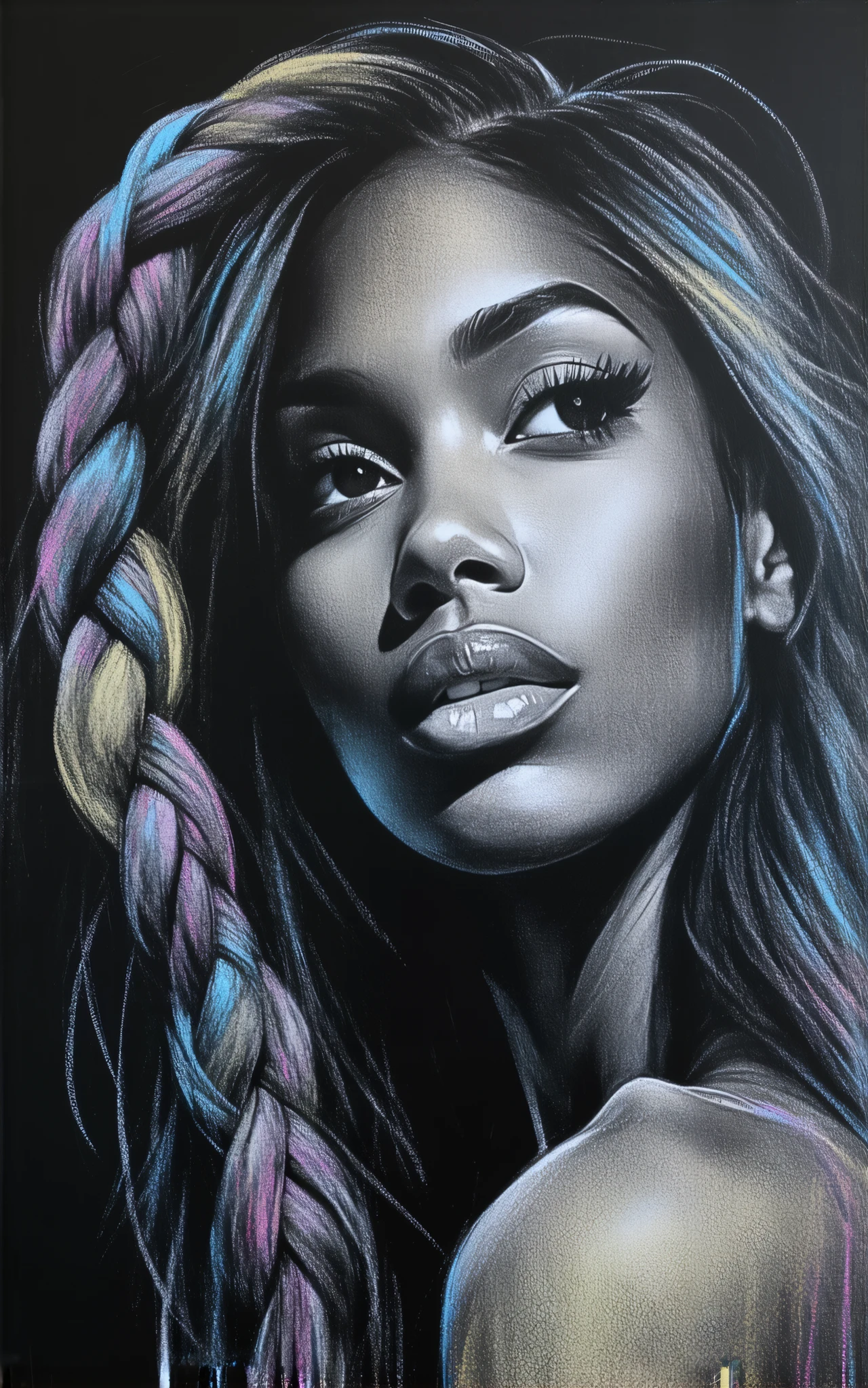 chalkboard art style, graffiti with chalk, ANIMATED ILLUSTRATED WITH CHALK, multicolor braided pattern, chalk coloring, uneven washing and coloring, rough chalk coloring, BLACKBOARD SURFACE, low quality graffiti, rough sketch,
BREAK Overall composition showing art drawn on a blackboard, Artistic Prank, amazing art on the black bord,
BREAK She tries to escape from the blackboard into an outside space, REAL WOMAN GROWN FROM A BLACKBOARD, SEAMLESS MOVING FROM BLACKBOARD ART,