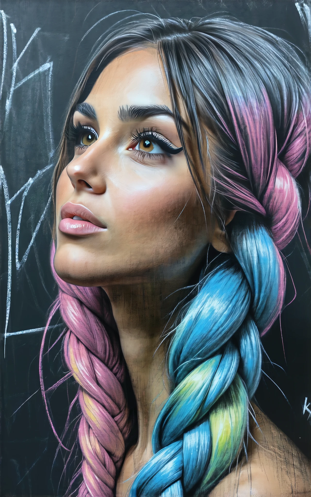 chalkboard art style, graffiti with chalk, illustration of a woman drawn with chalk, multicolor braided pattern, chalk coloring, uneven washing and coloring, rough chalk coloring, facing the blackboard , low quality graffiti, rough sketch, BREAK Overall composition showing art drawn on a blackboard, Artistic Prank, amazing art on the black bord,