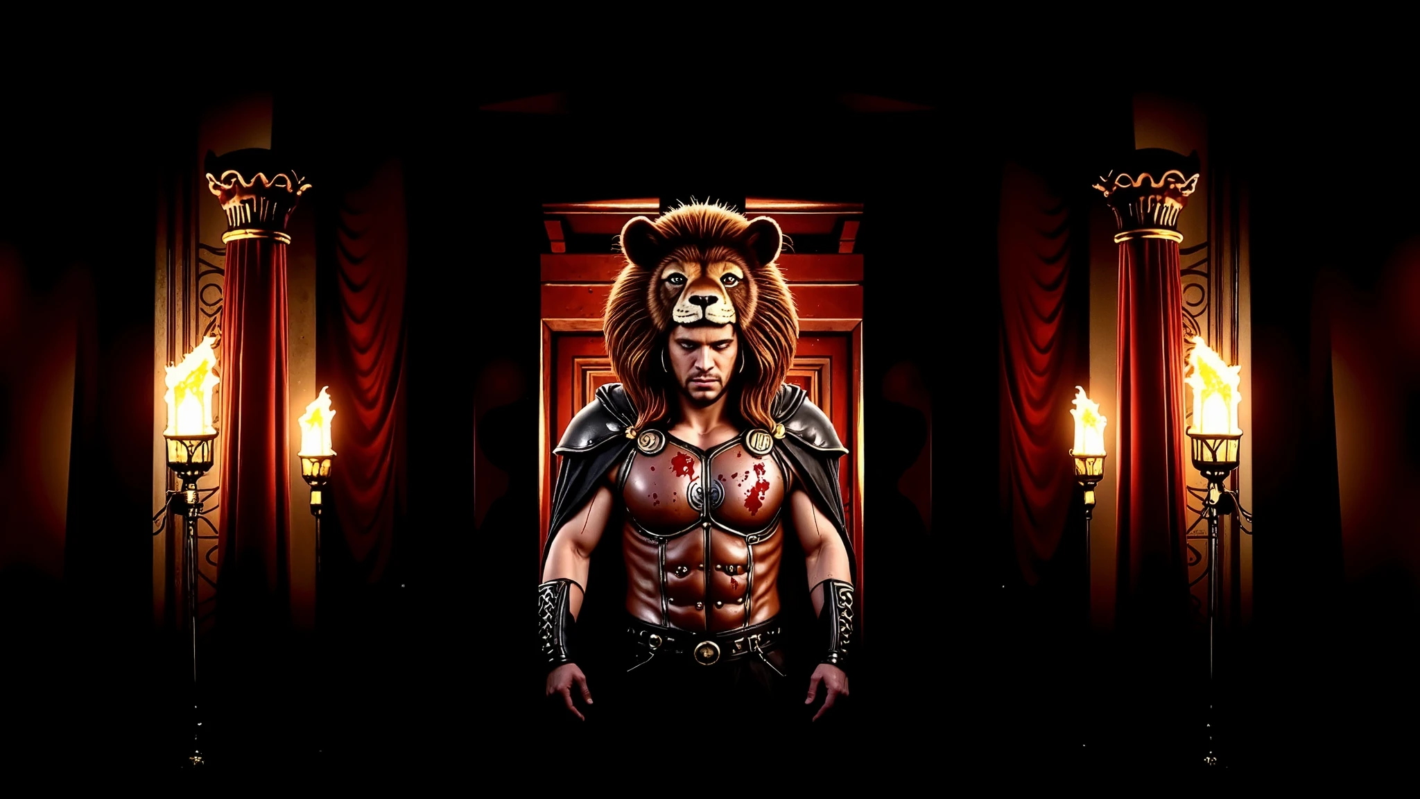 Greek columns, flaming torches, marble columns. Hercules wearing his lion armor. His helmet is the head of a lion. The scene is realistic with a wide frame. His armor is dirty with dust and blood, and his cape is dusty. blood, dust, greece, action, walking.