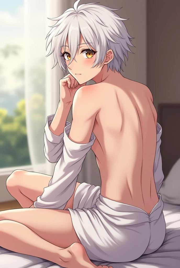 masterpiece, best quality, high quality, 1boy, solo, male focus, looking at viewer, nakajima_atsushi, grey hair, (nude: 1.2), t-back side binding, de costas para o espectador, olhando para o espectador, de baixo, nadegas a mostra, squatting de costas, from behind, squatting, virilha exposta, sexual expression, fangs