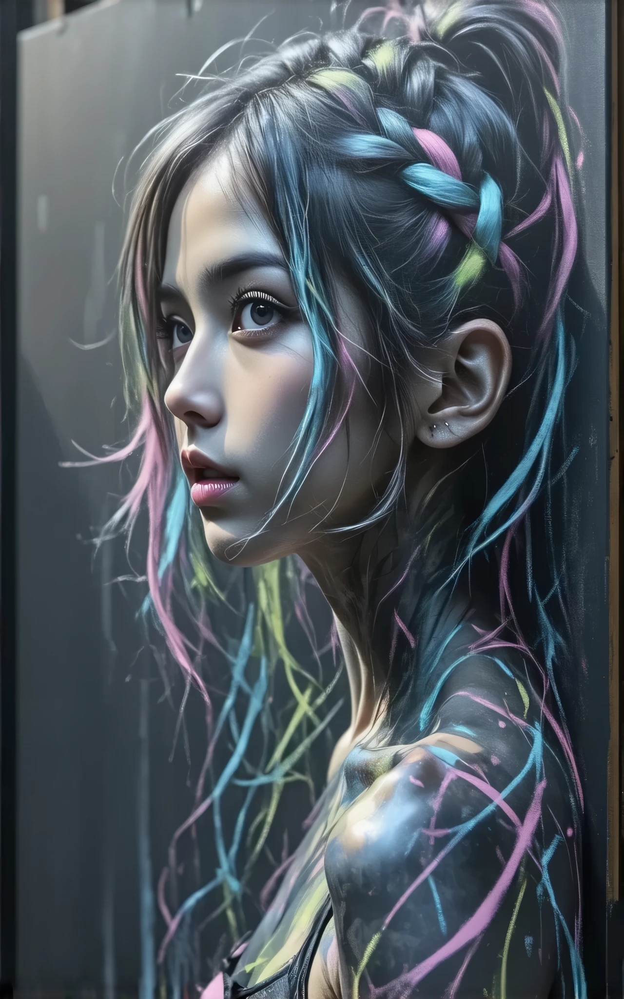 chalkboard art style, graffiti with chalk, ANIMATED ILLUSTRATED WITH CHALK, multicolor braided pattern, chalk coloring, uneven washing and coloring, rough chalk coloring, BLACKBOARD SURFACE, low quality graffiti, rough sketch,
BREAK Overall composition showing art drawn on a blackboard, Artistic Prank, amazing art on the black bord,
BREAK She tries to escape from the blackboard into an outside space, REAL WOMAN GROWN FROM A BLACKBOARD, SEAMLESS MOVING FROM BLACKBOARD ART,