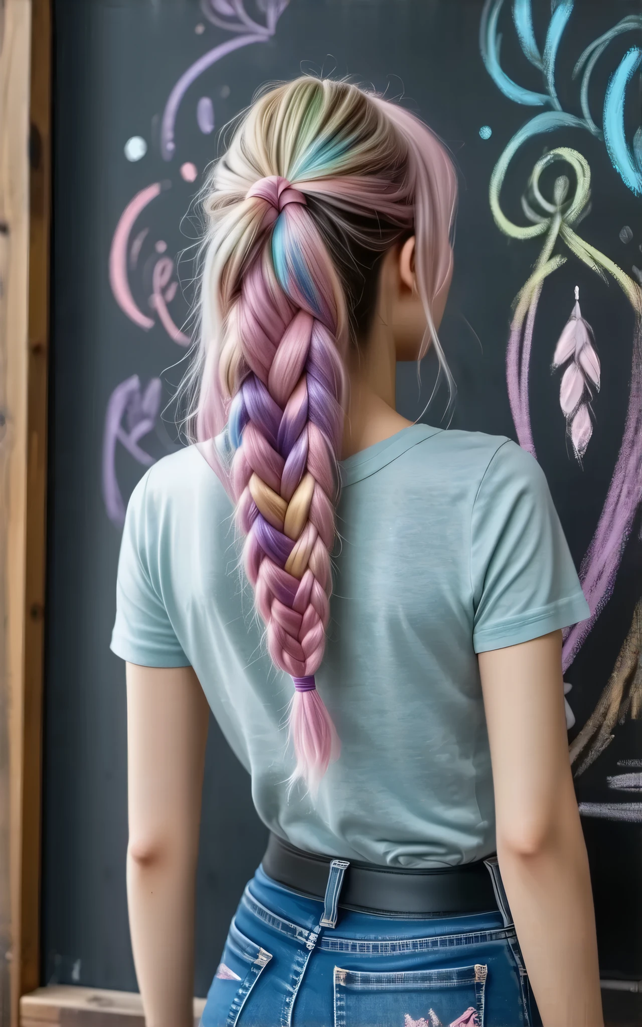 chalkboard art style, graffiti with chalk, multicolor braided pattern, chalk coloring, uneven washing and coloring, rough chalk coloring, facing the blackboard , beautiful female teacher draws on blackboard, back shot, Alone, multicolor braided patternのチョーク, Add graffiti, on student graffiti, changes low quality graffiti into high quality graffiti,
