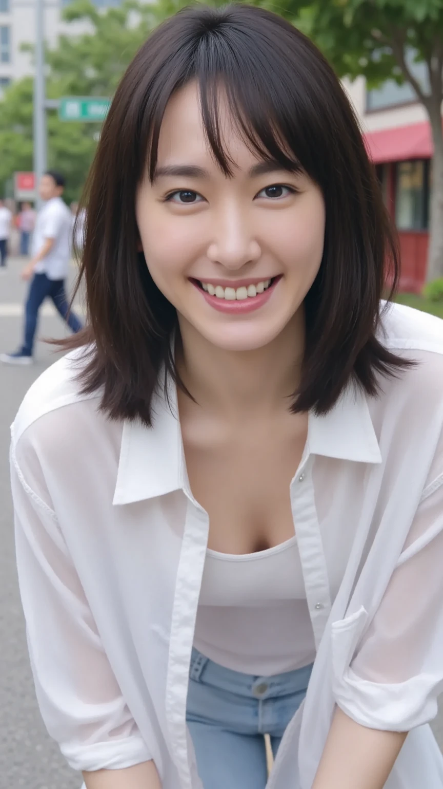 (Highest quality, 4k, 8k, High resolution, Highest quality: 1.2), Ultra high quality, (Realism: 1.37), Portrait, Japanese, 1 girls, Short hair, Straight hair, brown hair, Black hair, Smiling, Fine skin, Pores, No makeup, No makeup, 27 years old, Double eyelids, Double narrow eyes, Beautiful, Beautiful legs, Beautiful face, Beautiful eyes, Cute, Pretty, Stylish, Good style, Full body, Full body photo, Beautiful skin, Kind face, Gentle expression, Caring expression, Intelligent expression, Gentle expression, Healing face, Healing expression, Homely expression, Well-bred face, Elegant face, Smiling, tourist spots in the background,daytime, outdoors, summer, sweat,jeans short skirt,