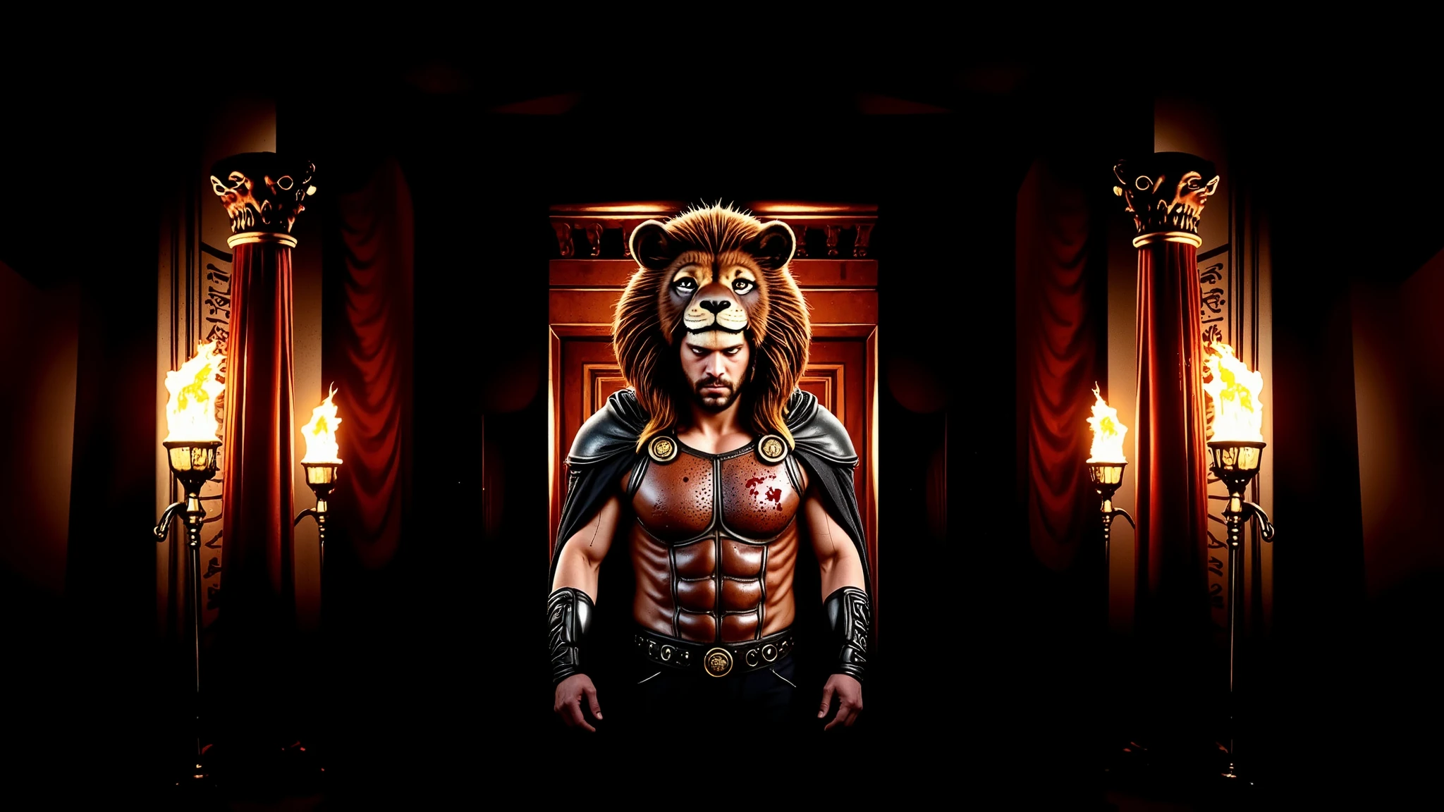 Greek columns, flaming torches, marble columns. Hercules wearing his lion armor. His helmet is the head of a lion. The scene is realistic with a wide frame. His armor is dirty with dust and blood, and his cape is dusty. blood, dust, greece, action, walking.