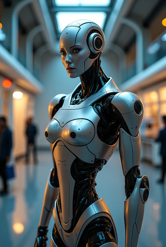Meduza, with three breasts robotic head with snakes on the head made of robot, mounted on a silver robot scorpion