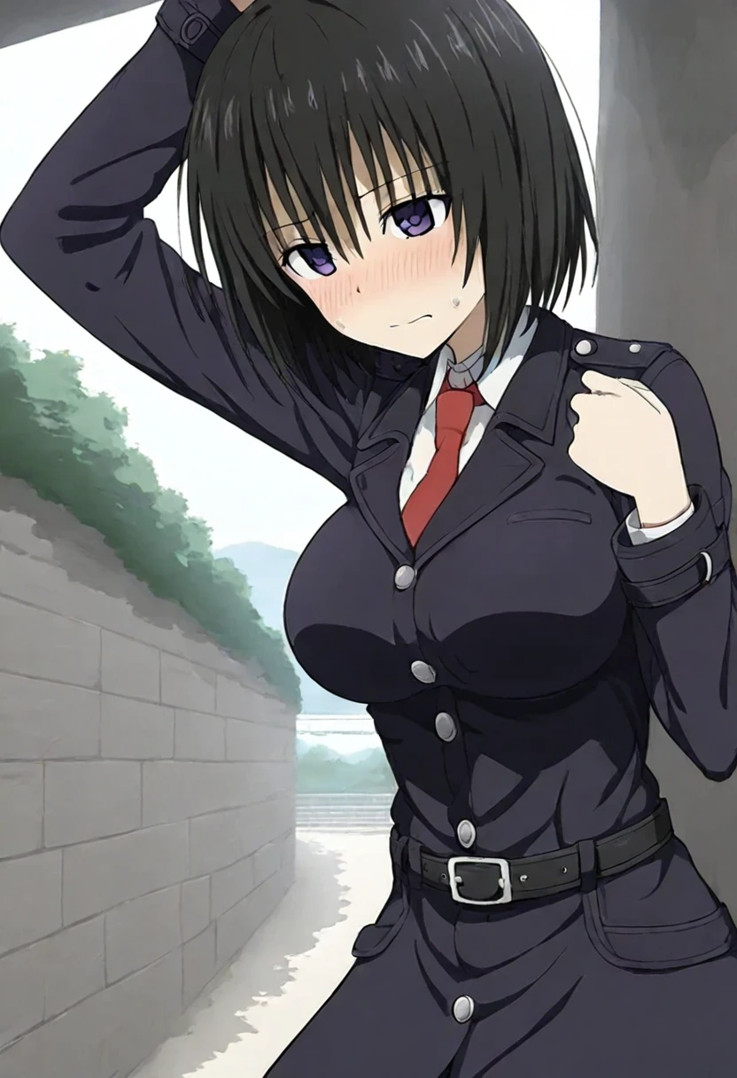 Anime, Short black hair with bangs,  Narrow waist, Wearing a Soviet uniform,((bottomless)),(((Open crotch:1.2))),((pussy:1.5)),Shaved pussy,Moscow alley,NSFW,Pussy