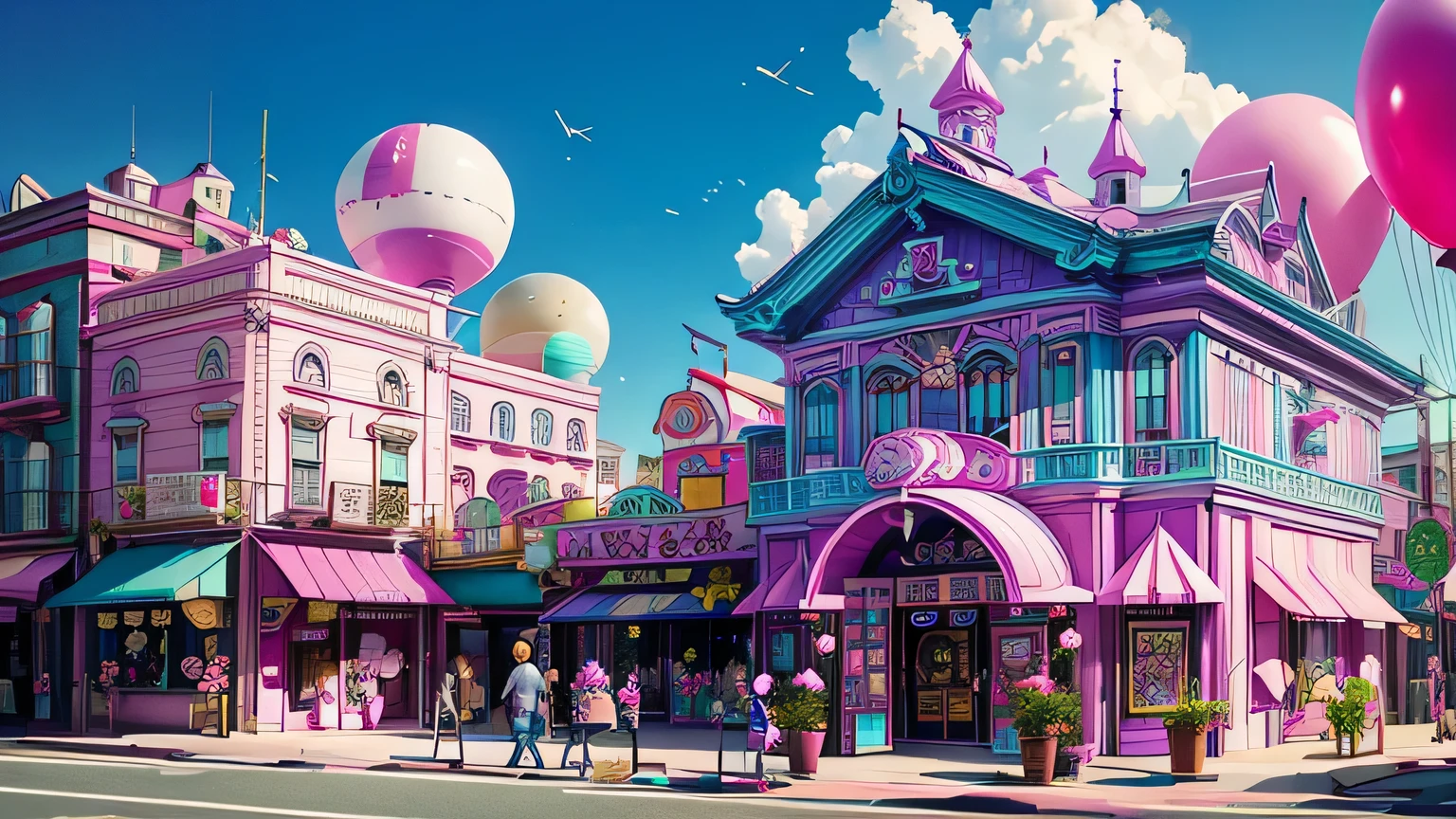 The buildings are colorful buildings、Pink Blue、purple 、orchid plant、Candy Country、Candy Town、Candy House、balloon、playing cards、There are lots of glittering malls everywhere、CANDY TOPPING、空にひらひらと舞うplaying cards、Cotton candy、 candy、sweets、 candy、LOTS OF PLAYING EQUIPMENT