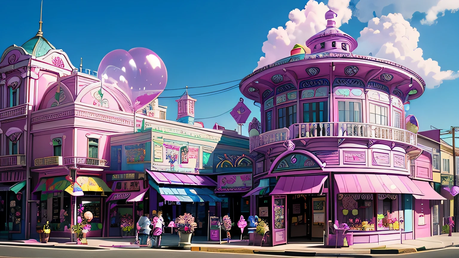 The buildings are colorful buildings、Pink Blue、purple 、orchid plant、Candy Country、Candy Town、Candy House、balloon、playing cards、There are lots of glittering malls everywhere、CANDY TOPPING、空にひらひらと舞うplaying cards、Cotton candy、 candy、sweets、 candy、LOTS OF PLAYING EQUIPMENT