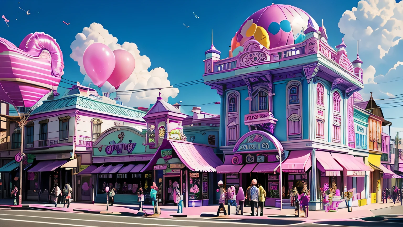 The buildings are colorful buildings、Pink Blue、purple 、orchid plant、Candy Country、Candy Town、Candy House、balloon、playing cards、There are lots of glittering malls everywhere、CANDY TOPPING、空にひらひらと舞うplaying cards、Cotton candy、 candy、sweets、 candy、LOTS OF PLAYING EQUIPMENT