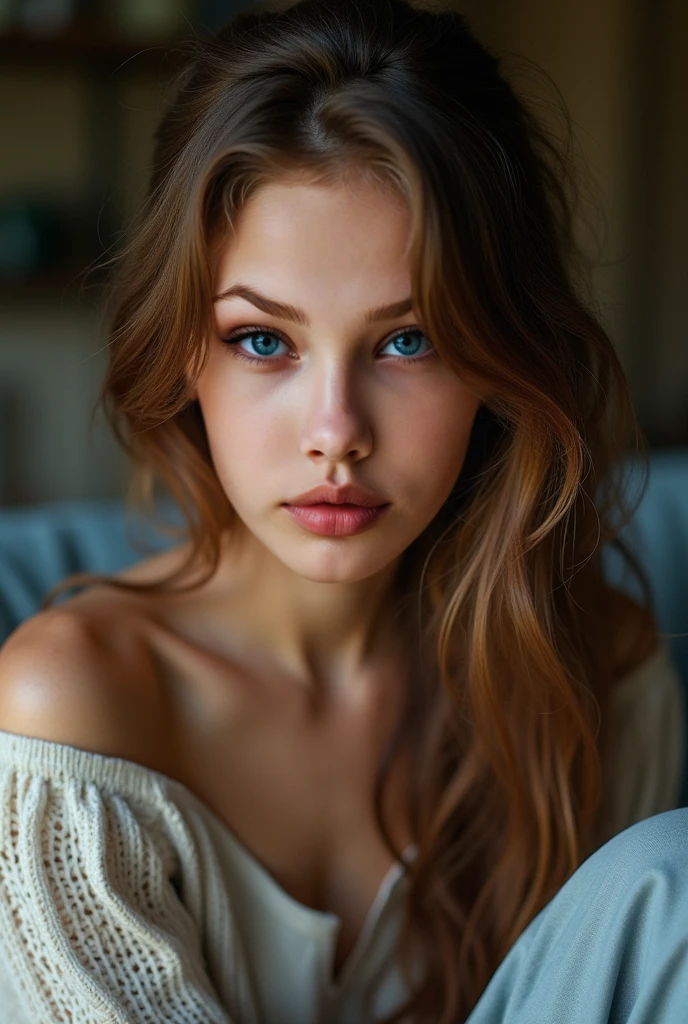 (full-body shot:1) Realistic images (Lying position:1) Surrealism, photography, Long brown hair,blue eyes, Miss, 2, Hourglass figure, Perfect body, Flirty look, Medium breasts, Blurred Background, She lies on a modern white sofa in the living room, She looks seductive, 她barefoot, barefoot, She is wearing a white shirt