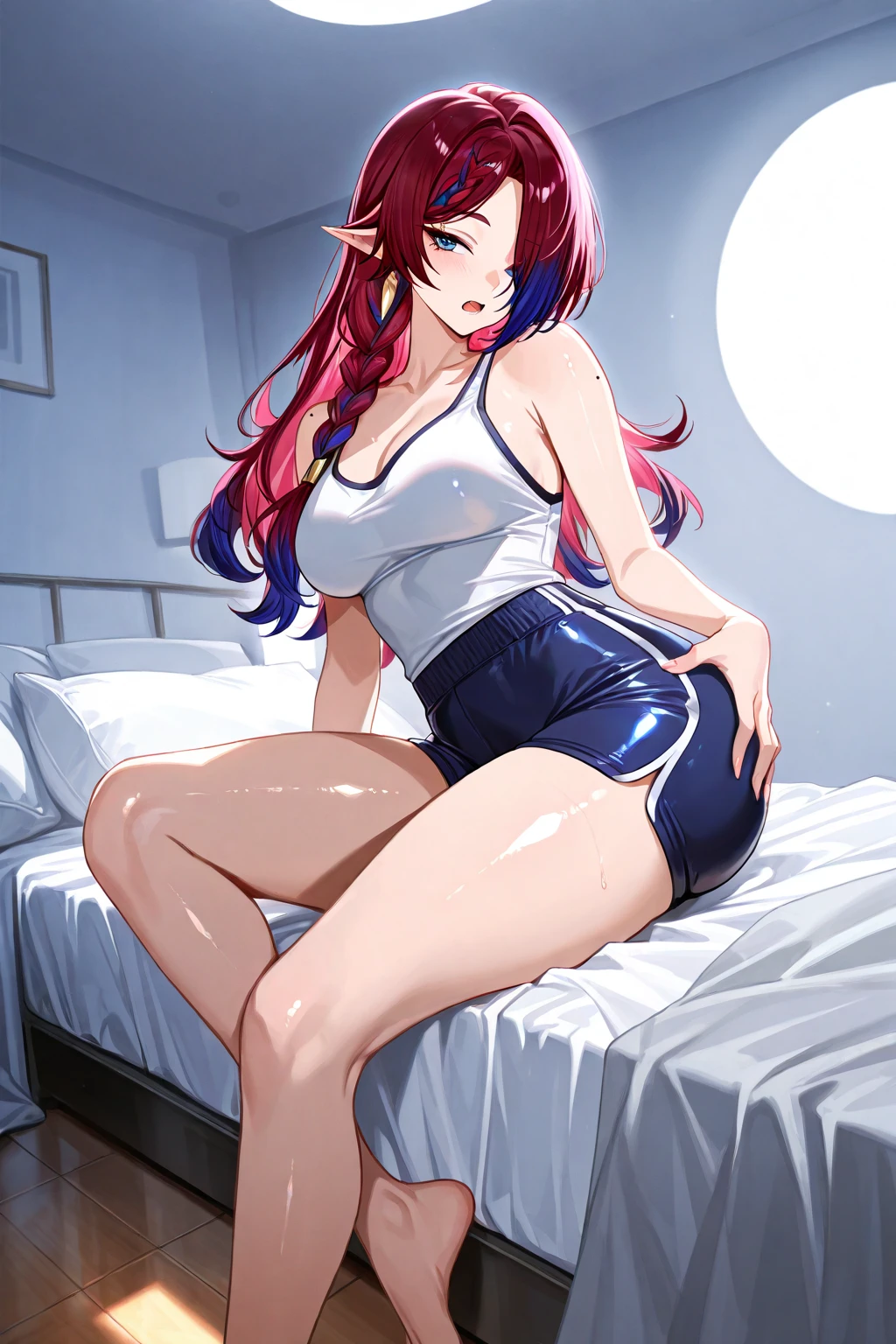 score_9, score_8_up, score_7_up, source_anime, 1girl, solo, nsfw allowed,
mari setagaya, human-form, 1girl, solo, long hair, looking at viewer, smile,, red eyes, red hair, fang,
Tight track jacket barely can hold her breasts, indoors, full body, very huge round breasts, massive breasts, very thick round plumpy thighs, large thighs, very wide hips, big round heart-shaped ass, tight clothes, milf, seductive, unzip her jacket, 10'5 feet tall, teasing the viewer, tight black short, cat ears, sitting on bed, ripped jacket