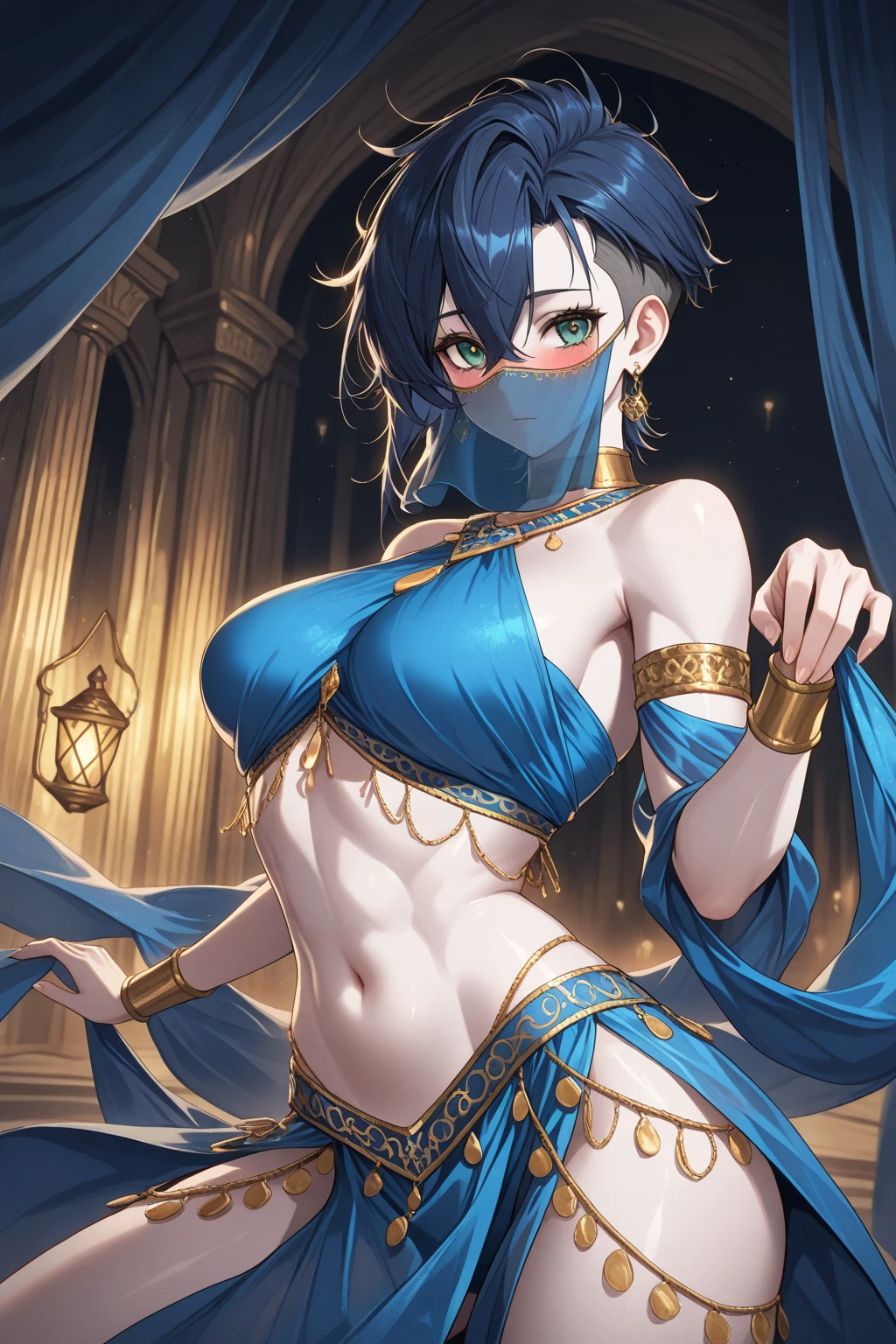 Blue double ponytail,Ancient costume,beads of sweat,pushed down on bed,Many parts of the body are exposed,Perspective from top to bottom