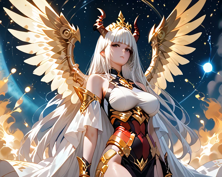 score_9, score_8_up, score_7_up, score_6_up, 1girl, angel, white and gold armor, crying, kneeling and crying, large wings, white halo, bare shoulder, jewelry, detailed red moon background, white hair, long hair,
