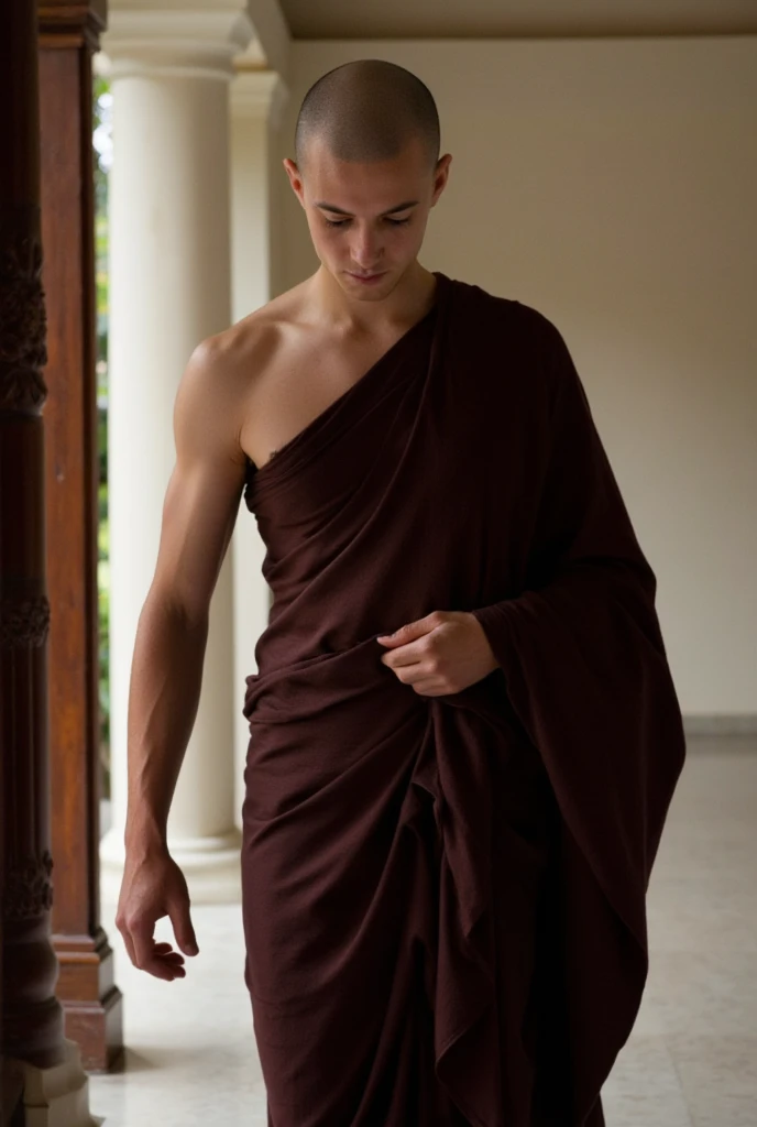 A slim man wearing a traditional saree with a sleeveless blouse. He has a clean-shaven face and is styled with makeup to look like a real woman, including well-defined eyebrows, eyeliner, lipstick, and a touch of blush. His body posture and expression are feminine, and the saree is draped elegantly, with the pallu falling over one shoulder. The background is neutral, drawing full attention to the man in the saree."