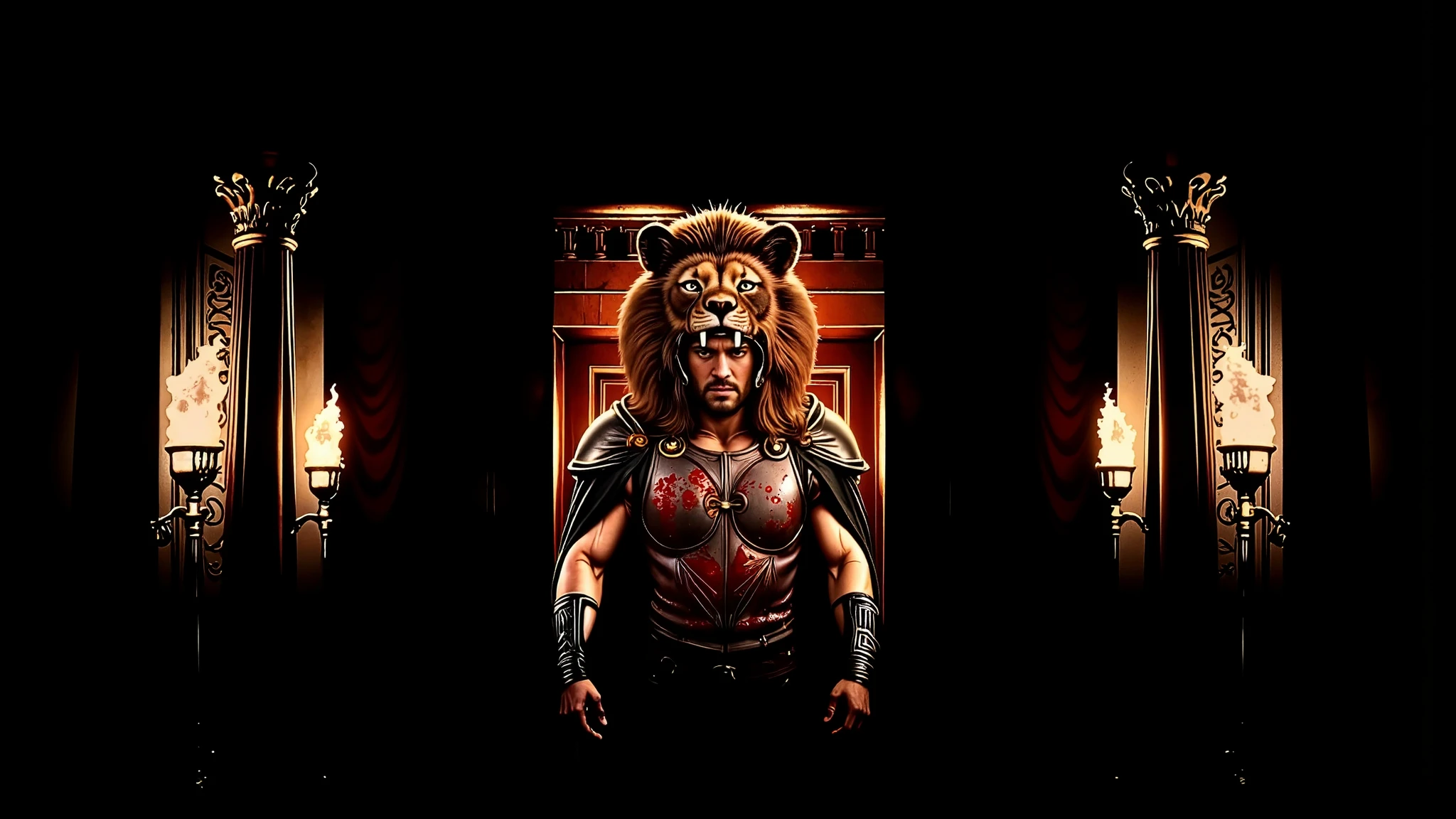 Greek columns, flaming torches, marble columns. Hercules wearing his lion armor. His helmet is the head of a lion. The scene is realistic with a wide frame. His armor is dirty with dust and blood, and his cape is dusty. blood, dust, greece, action, walking.