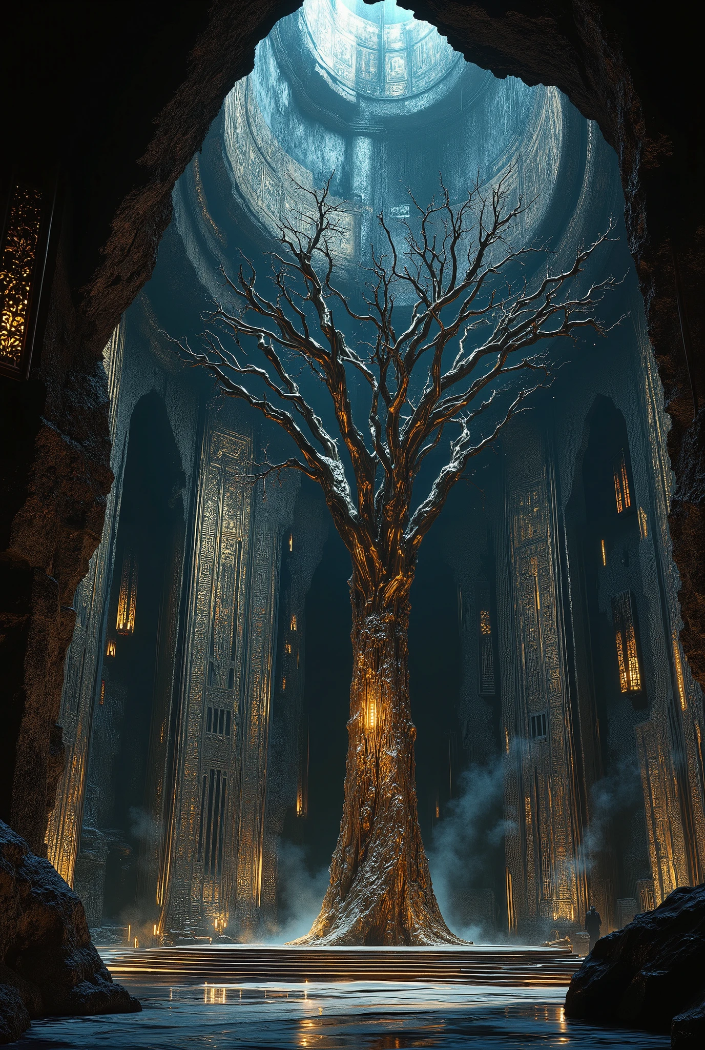 A dramatic movie scene, looking up, featuring a mysterious landscape. The central theme of the painting is a metal tree sculpture illuminated by cold light, standing in the middle of an open-air cave. The ancient metal giant tree sculpture has only nine bare branches. The cold light shines from the top onto the bronze tree with only nine branches. The cave walls are engraved with mysterious cold-light patterns, surrounded by dim bronze pillars, and the ground has mysterious broken bronze decorations, symbolizing an epic and glorious ancient civilization. It is magnificent. The overall composition conveys the historic moment of searching for a lost ancient civilization! The upward-looking lens reflects the hugeness of the bronze tree.