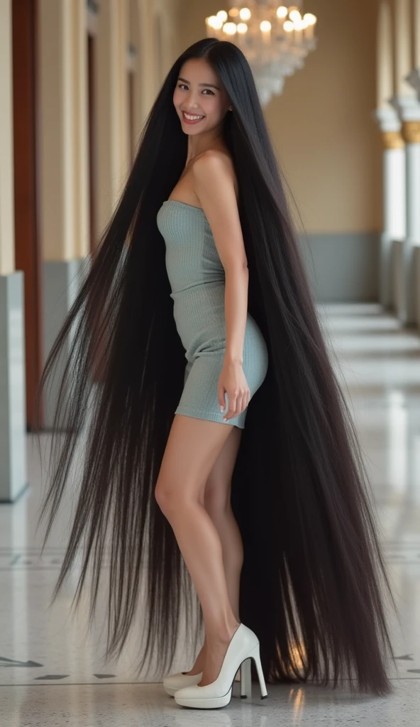 (masterpiece), ((best high quality:1.0), (ultra highres:1.0), detailed illustration, 8k, ((highest detailed)), ((ultra realistic)), soft lighting, ((realistic face, realistic skin)), ((super high resolution)), extreme detailed, ((HD picture)),, large breasts, forward chest, busty body, tall, ((perfect beautiful face, thick lips, blush, Perfect round eyes)), ((sexy panganten sunda)), hairbun ,full body,,very longhair , ((floor length hair)), Full hair on floor , bright sunlight from side , ,((huge boobs:1.4))