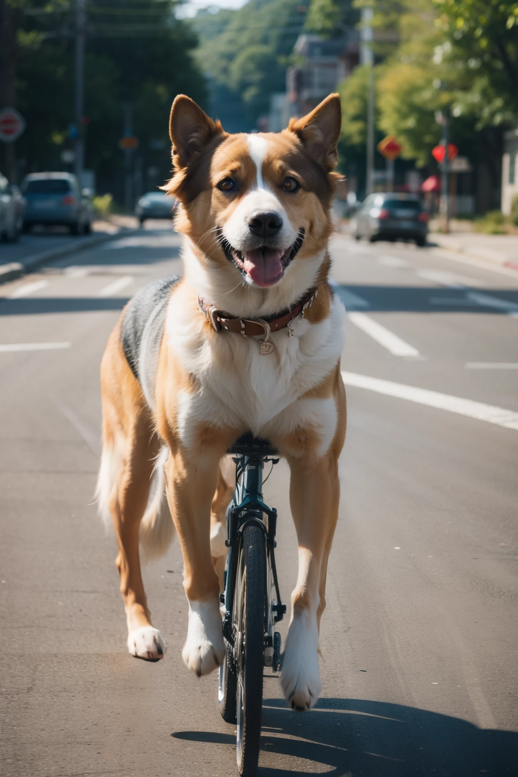 Dog a riding a bicycle on a counter road
