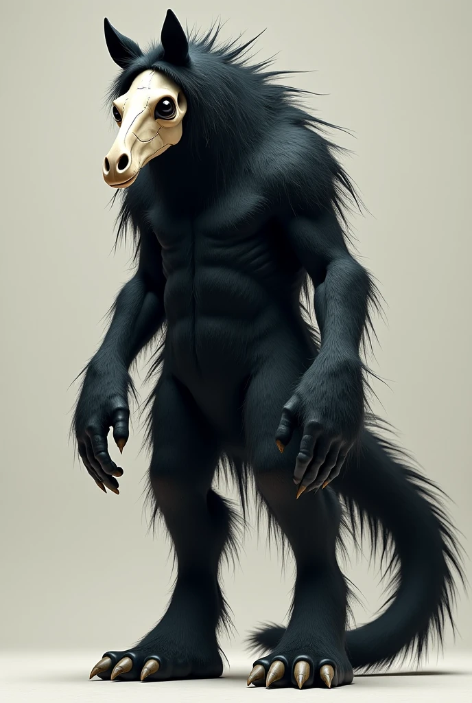 SCP 1471 furry Wolf female scp чёрного цвета, with a wolf skull worn as a mask with two small white dots in them, 2,5 meters tall. Significantly Large amount of hair on arms and legs, long black hair on head, the rest of the body has fairly small, smooth hairs. not aggressive , not scary, quite big busty. Curious, it is clear that it is high. Skinny This is SCP-1471-B MalO