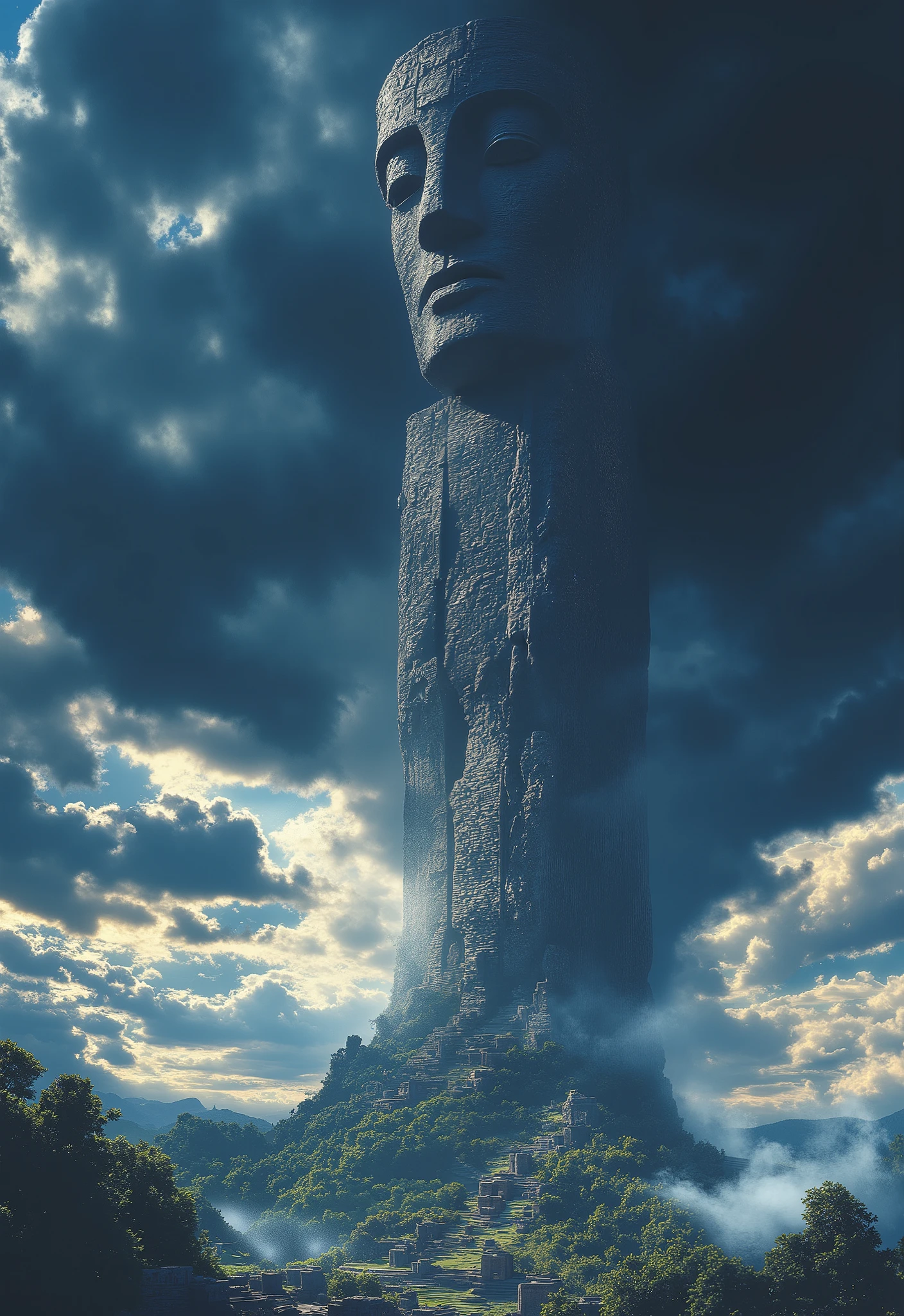 A dramatic painting of Mayan civilization, featuring mysterious landscapes. The central theme of the painting is a huge mysterious stone statue under the sunlight. The ancient stone statue stands in the primitive jungle of Central America, and there are ancient villages on the ground, symbolizing an epic and glorious ancient civilization. The sunlight in the sky shines through the clouds, and the dawn sunlight shines on the stone statue, which is epic. The overall composition conveys a historic moment of searching for a lost ancient civilization!