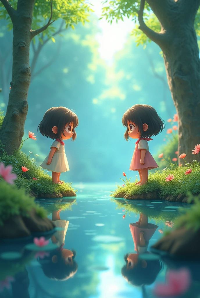 A picture of a young girl (alma) stop on the bank of a river, looking at his reflection in the water, with a curious and searching expression on his face.