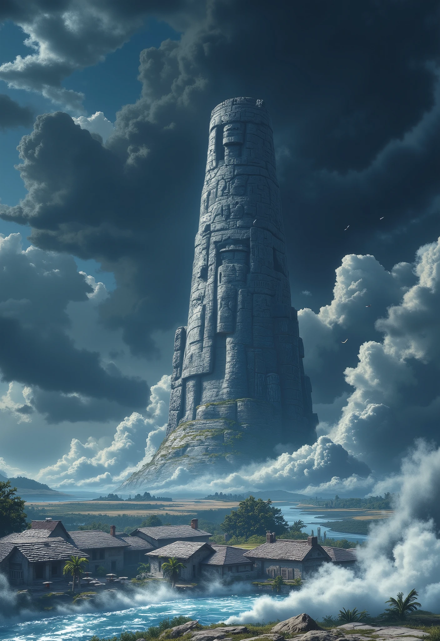 A dramatic painting of Mayan civilization, featuring mysterious landscapes. The central theme of the painting is a huge mysterious stone statue under the sunlight. The ancient stone statue stands in the primitive jungle of Central America, and there are ancient villages on the ground, symbolizing an epic and glorious ancient civilization. The sunlight in the sky shines through the clouds, and the dawn sunlight shines on the stone statue, which is epic. The overall composition conveys a historic moment of searching for a lost ancient civilization!