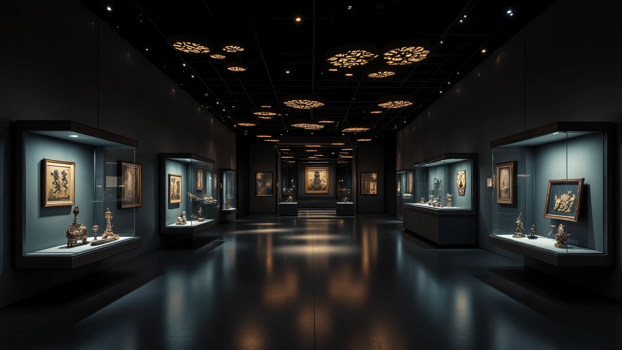 Cool cinematic image quality,the modern exhibition hall, frontal footage ,The showroom's ceiling lights illuminate,Cultural relics are displayed in glass display cases,Huang Guangjin split ratio composition