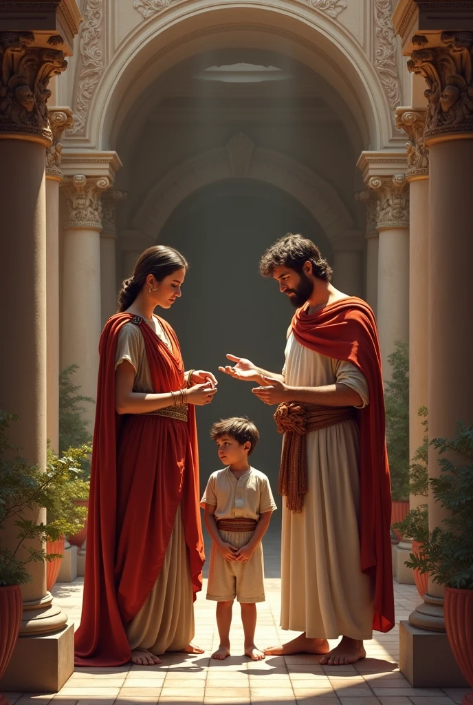 Give me an image with the parents teaching their son ancient Rome ...