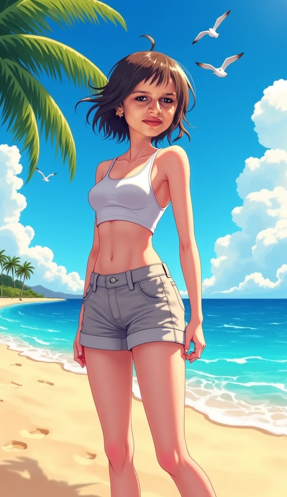 1girl, standing, cala saladeta, ibiza, clear water, masterpiece, good quality, strapless bikini, short shorts, (thick thighs:0.9), (obese body:0.8), (fat thighs:0.6), (wide hips:0.8),