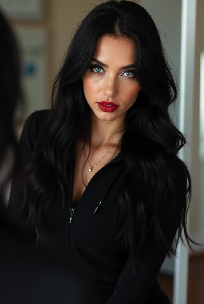 Create a stunning Russian model with long, dark black hair and striking ...