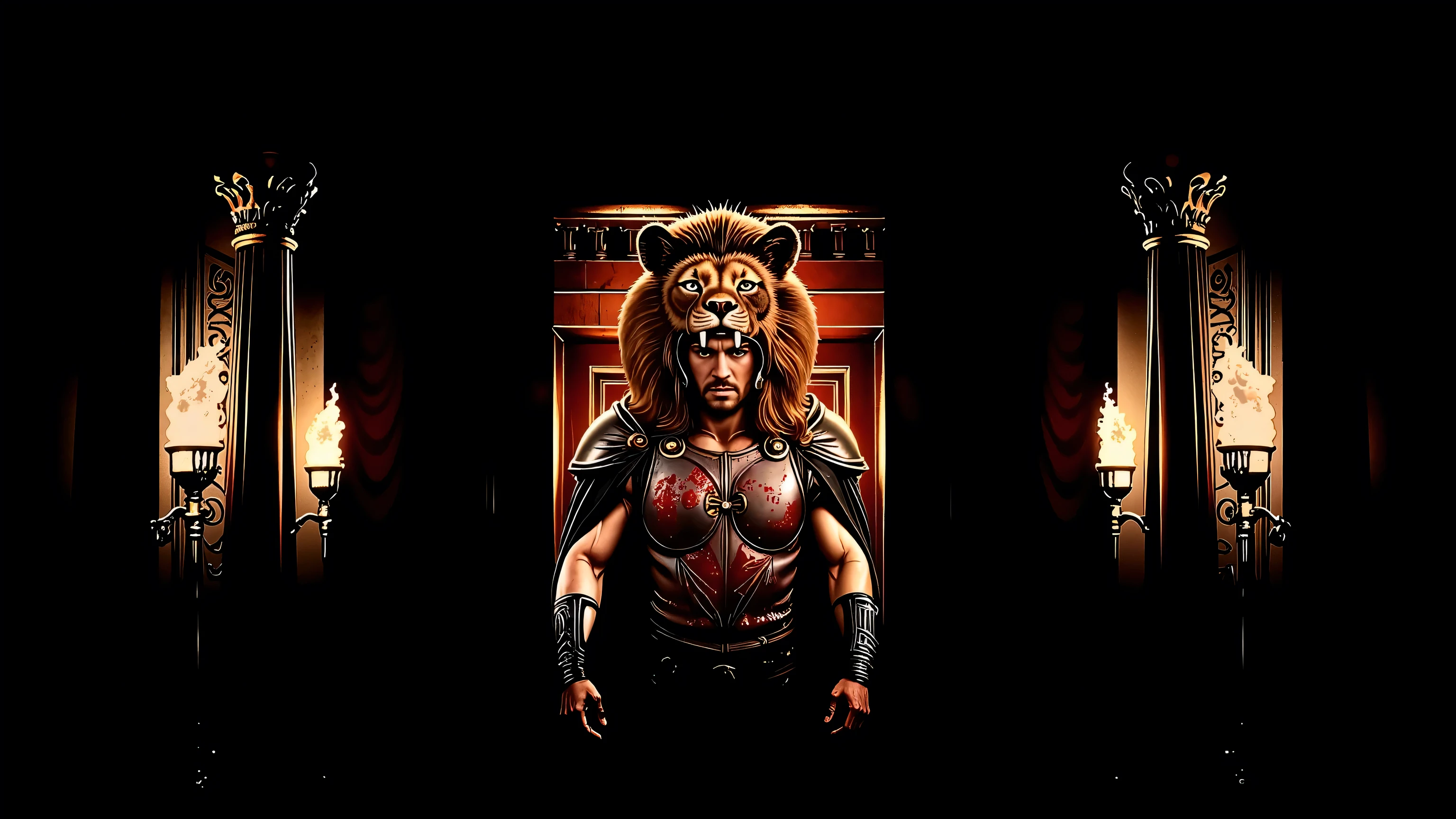 Greek columns, flaming torches, marble columns. Hercules wearing his lion armor. His helmet is the head of a lion. The scene is realistic with a wide frame. His armor is dirty with dust and blood, and his cape is dusty. blood, dust, greece, action, walking.